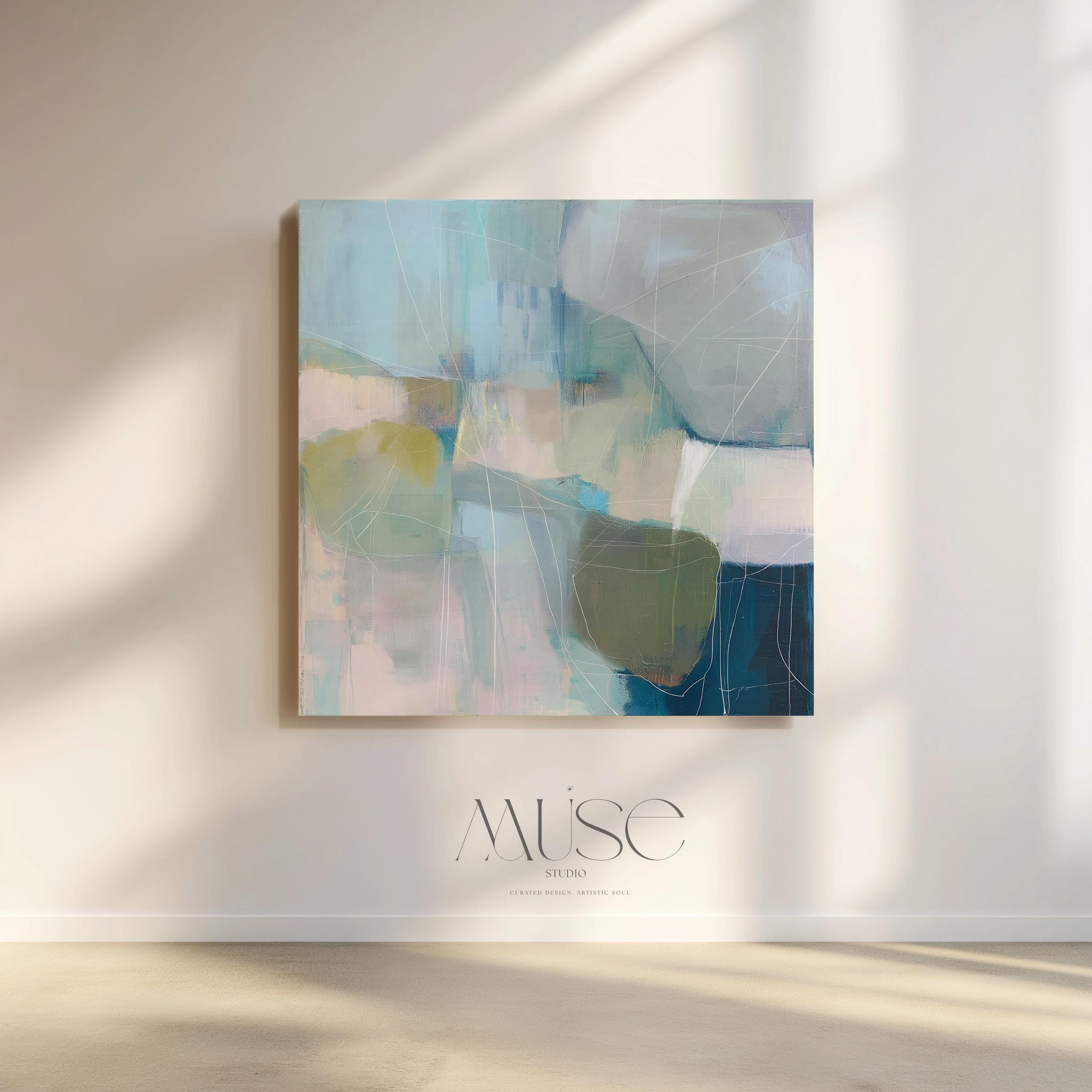 Square coastal abstract wall art in blue, coral, and ivory tones with soft coastal styling; ideal for living room, beach house, or bedroom decor. Available as a limited-edition canvas by Muse Studio.