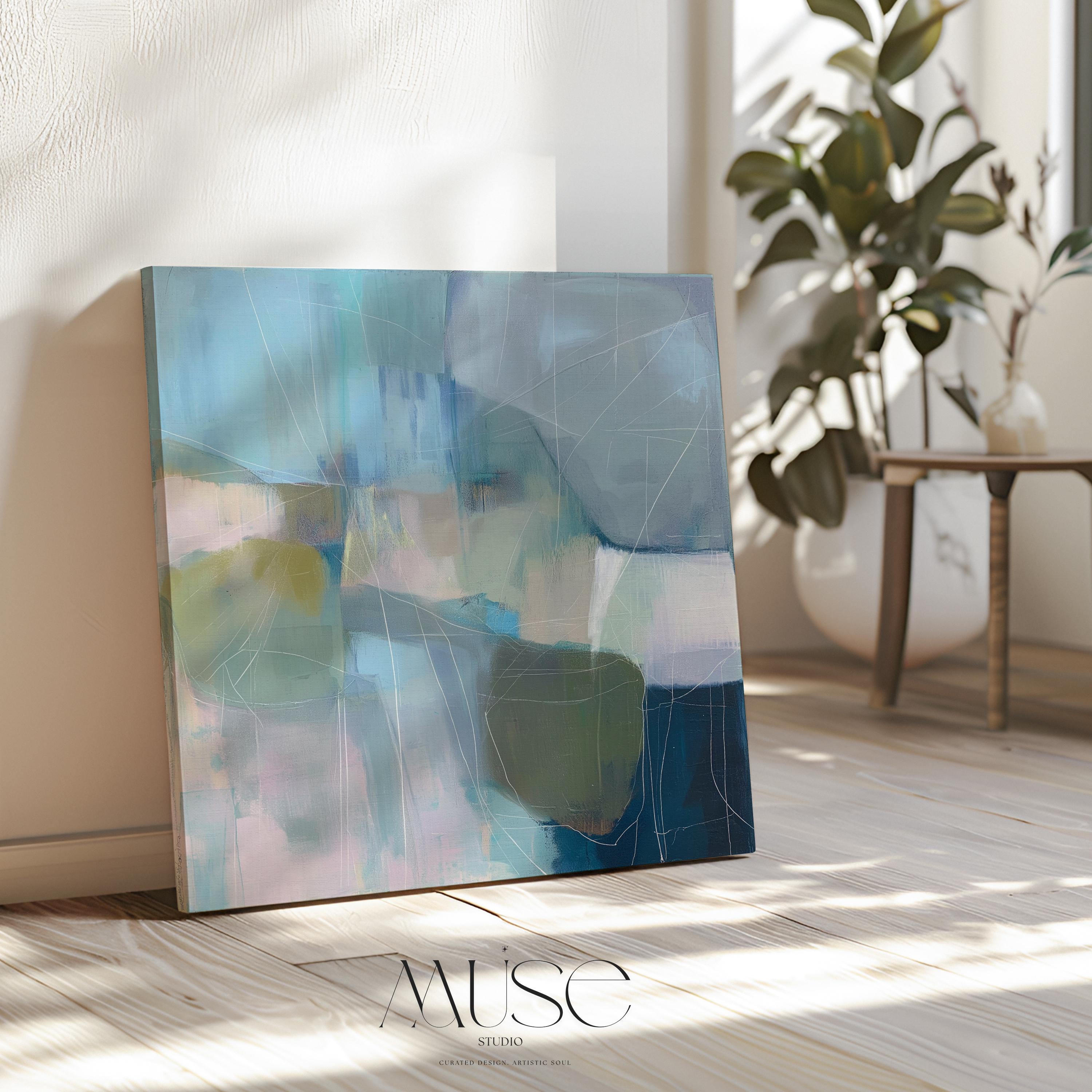 Square coastal abstract wall art in blue, coral, and ivory tones with soft coastal styling; ideal for living room, beach house, or bedroom decor. Available as a limited-edition canvas by Muse Studio.