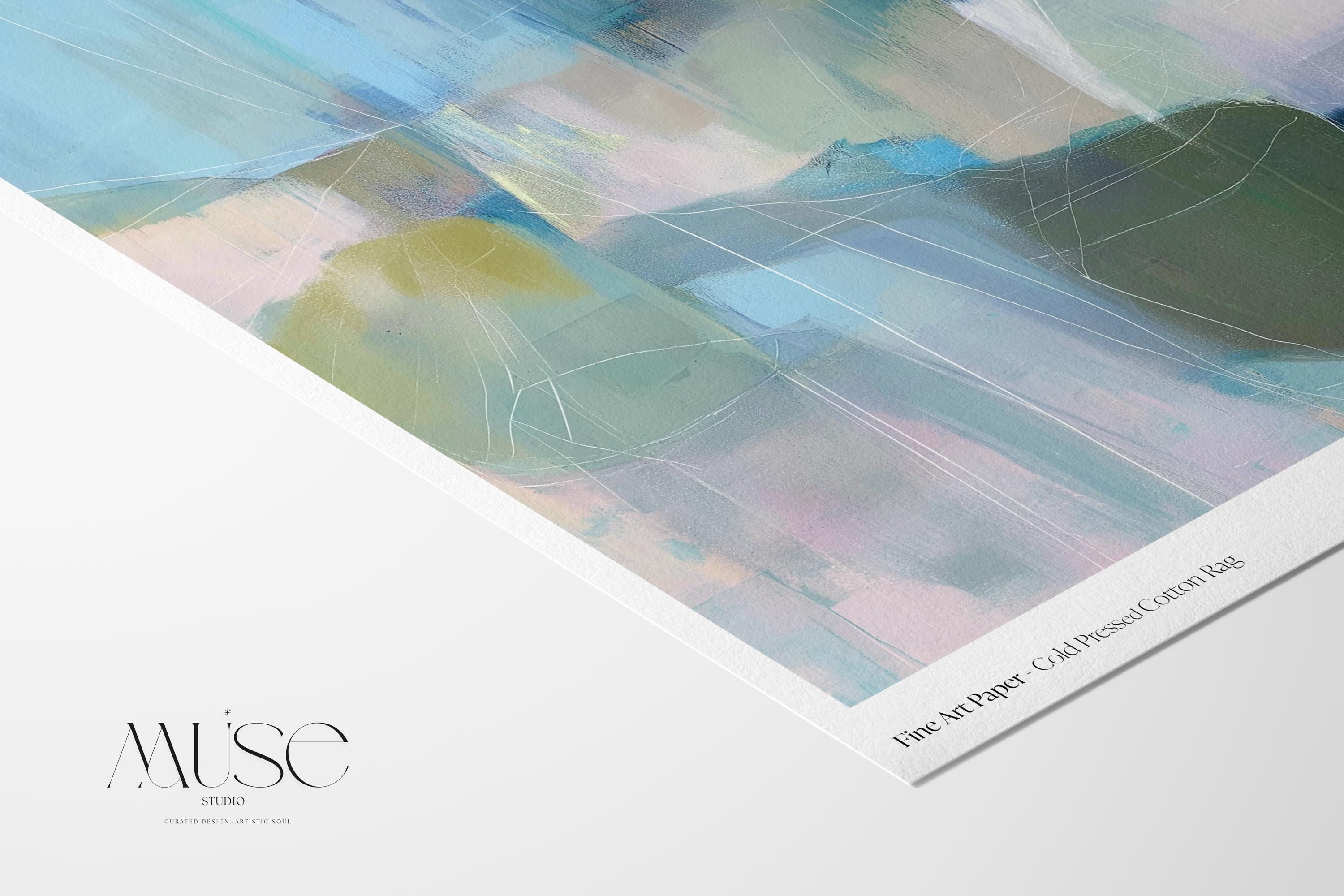 Square coastal abstract wall art in blue, coral, and ivory tones with soft coastal styling; ideal for living room, beach house, or bedroom decor. Available as a limited-edition canvas by Muse Studio.