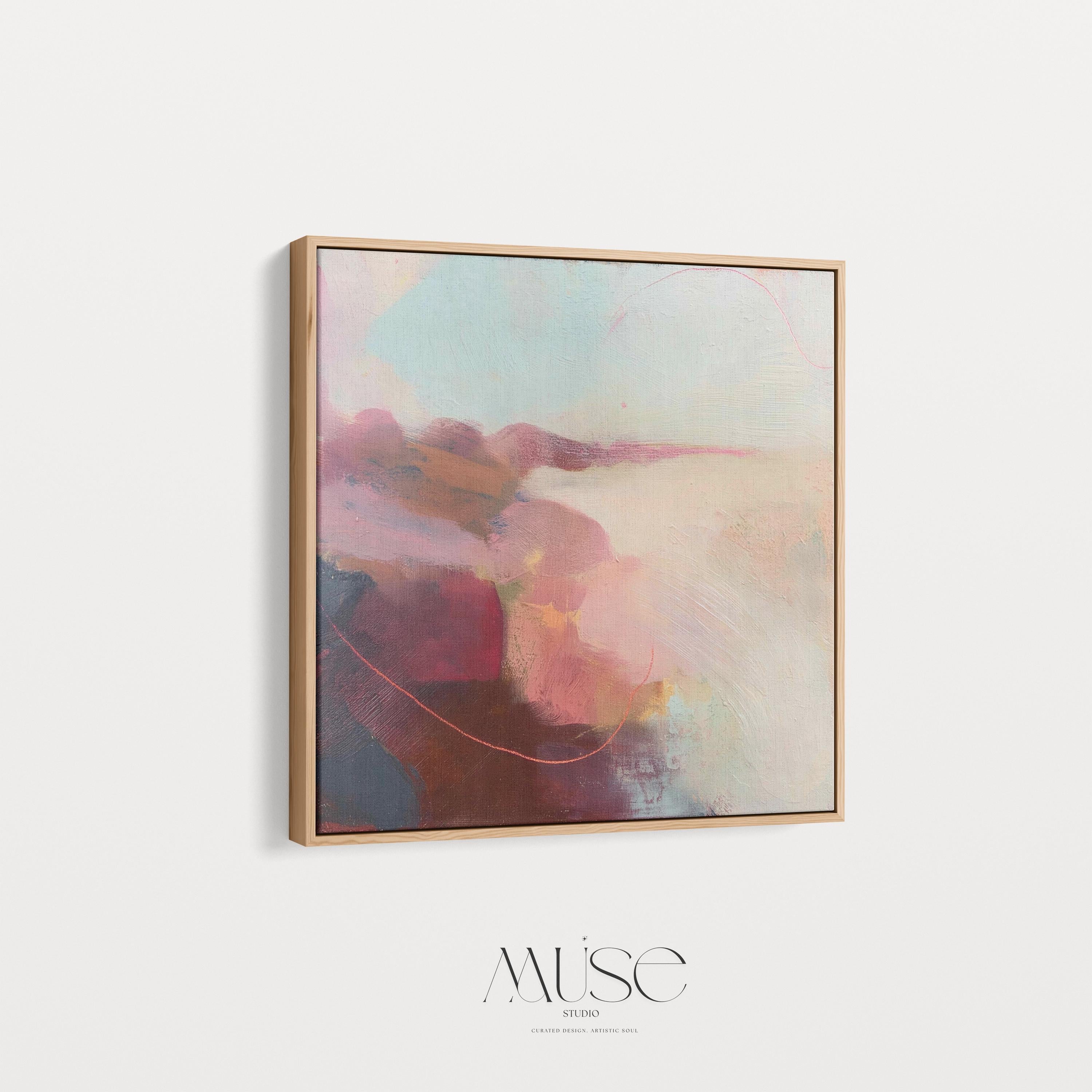 Large square abstract wall art in blush, burgundy, peach, and soft teal tones displayed above a modern black credenza with an Eames lounge chair in a light, elegant room. Warm contemporary abstract canvas for living room or designer interiors, available as framed wall art or canvas by Muse Studio.
