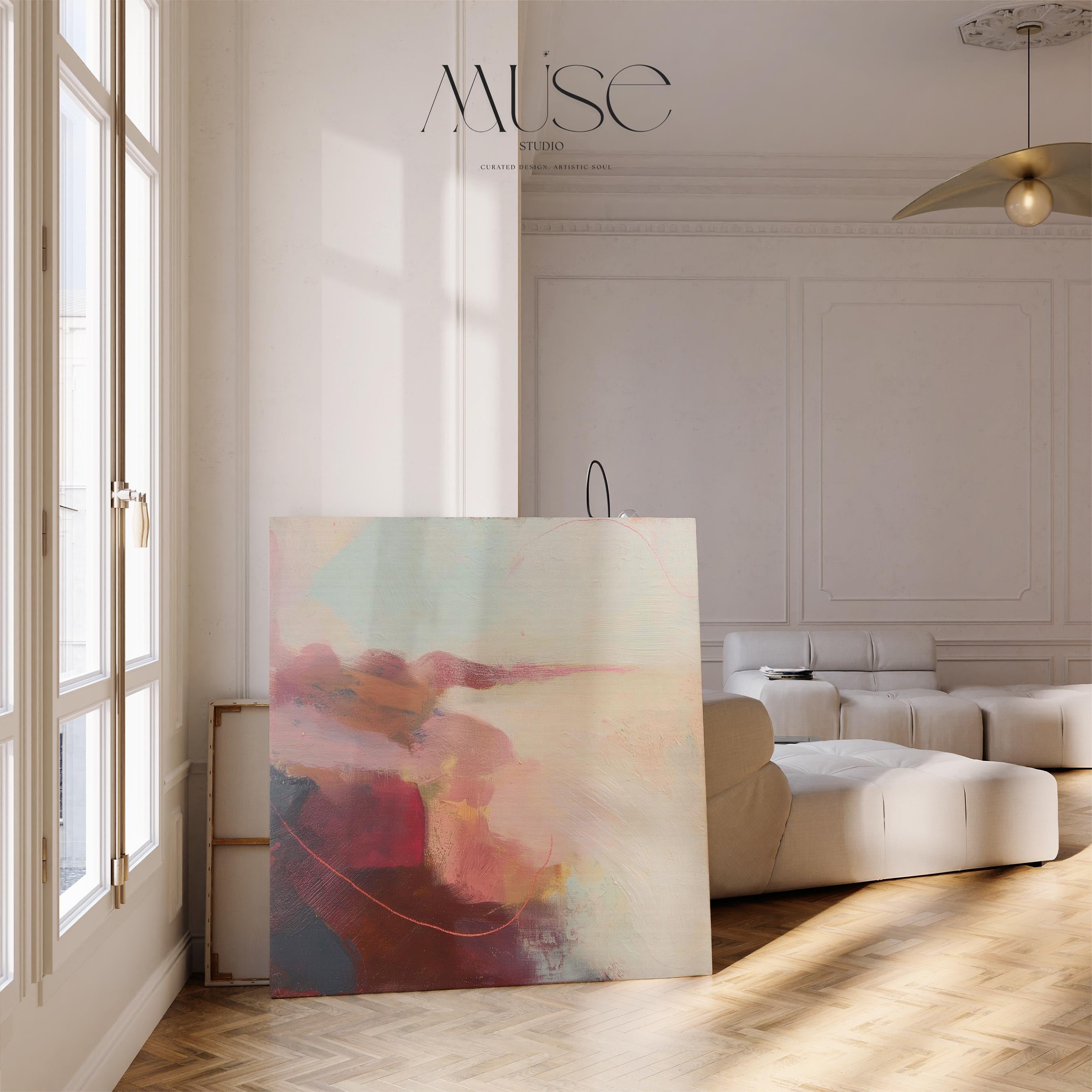 Square abstract canvas wall art featuring soft blush, terracotta, and cream tones with layered painterly textures and horizon-inspired flow. This warm minimal giclée print blends natural earth tones with serene modern design, ideal for living rooms or transitional spaces. Available as gallery-wrapped canvas or floating frame canvas from Muse Studio.