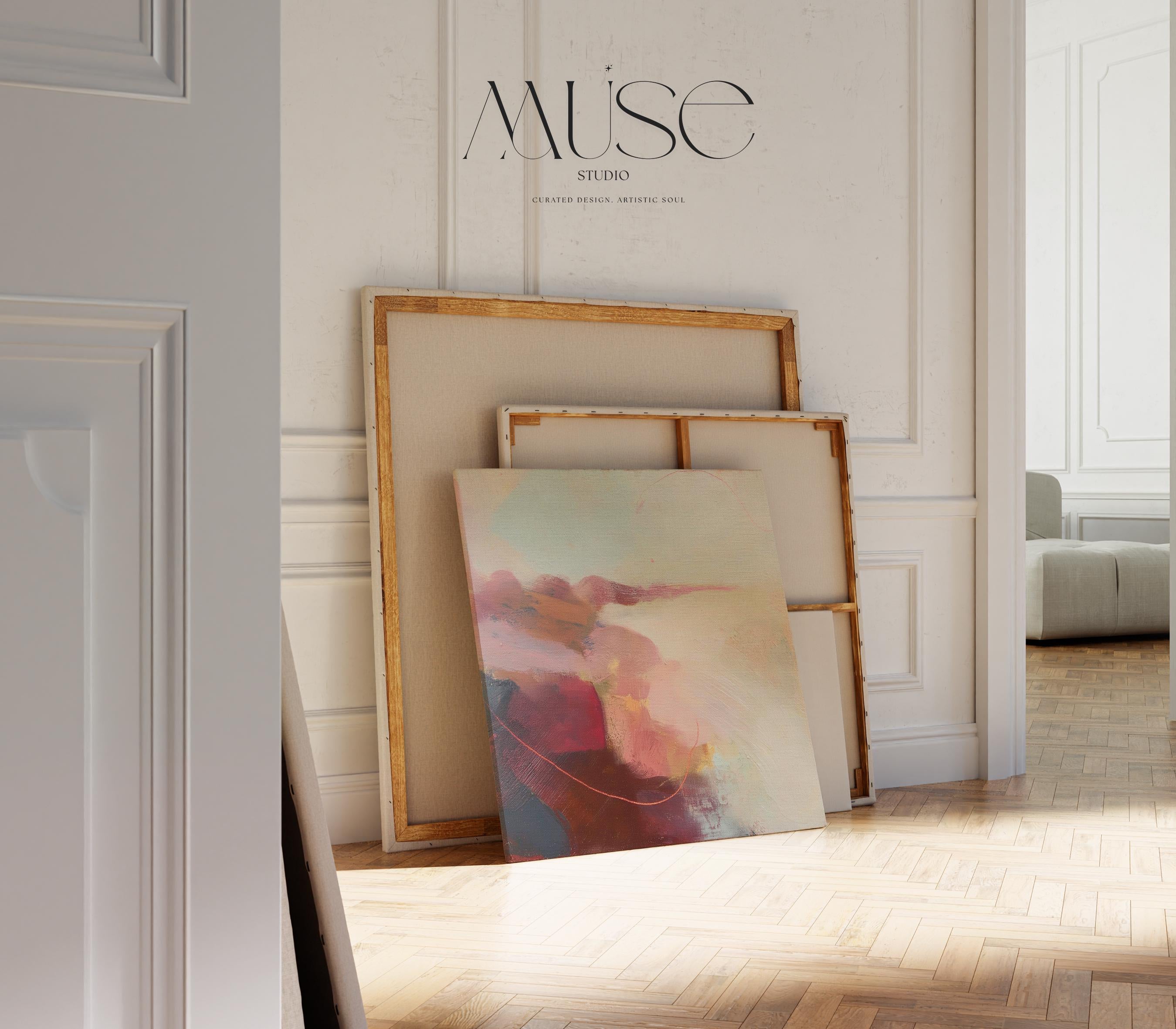 Square abstract canvas wall art featuring soft blush, terracotta, and cream tones with layered painterly textures and horizon-inspired flow. This warm minimal giclée print blends natural earth tones with serene modern design, ideal for living rooms or transitional spaces. Available as gallery-wrapped canvas or floating frame canvas from Muse Studio.