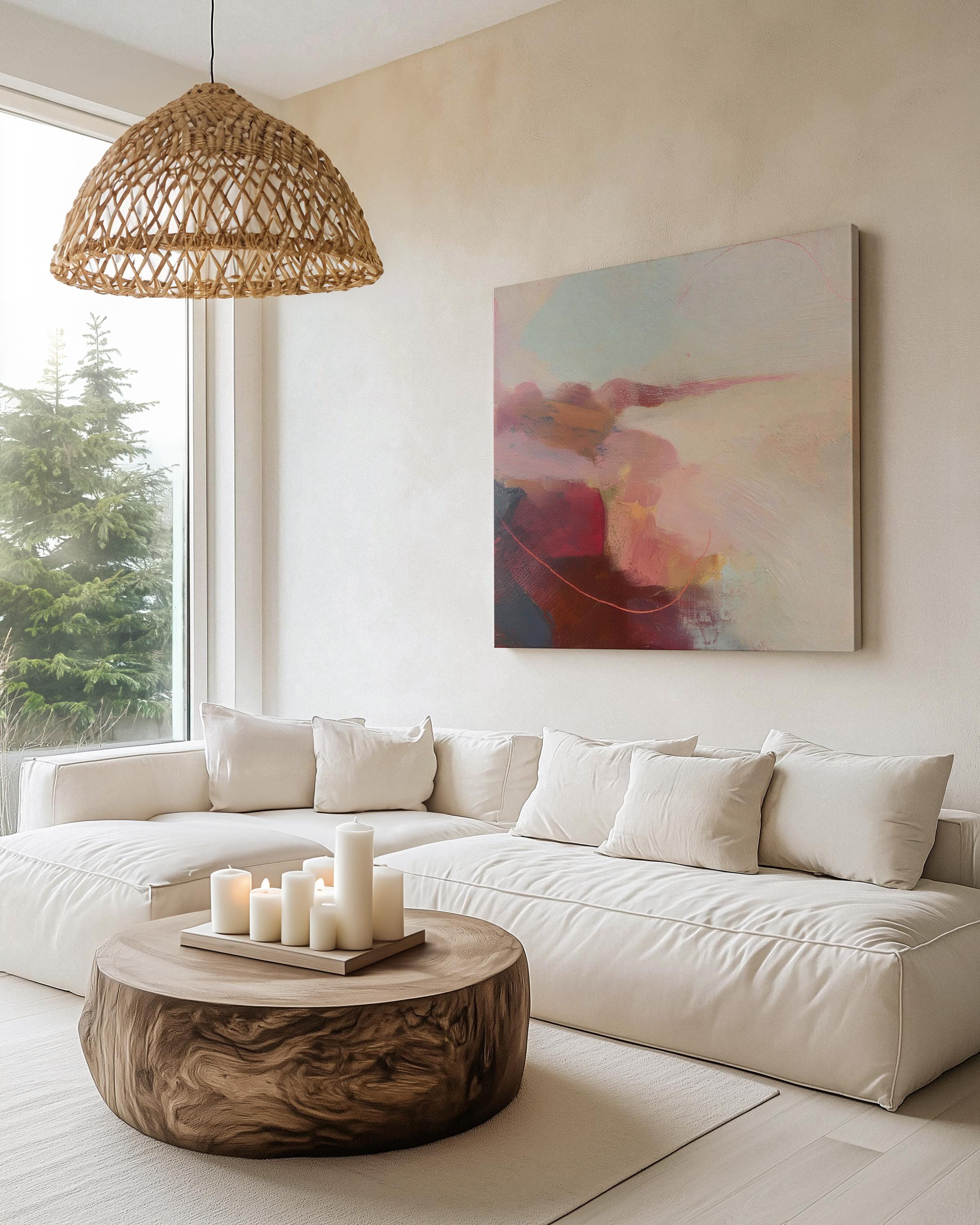 Square abstract canvas wall art featuring soft blush, terracotta, and cream tones with layered painterly textures and horizon-inspired flow. This warm minimal giclée print blends natural earth tones with serene modern design, ideal for living rooms or transitional spaces. Available as gallery-wrapped canvas or floating frame canvas from Muse Studio.