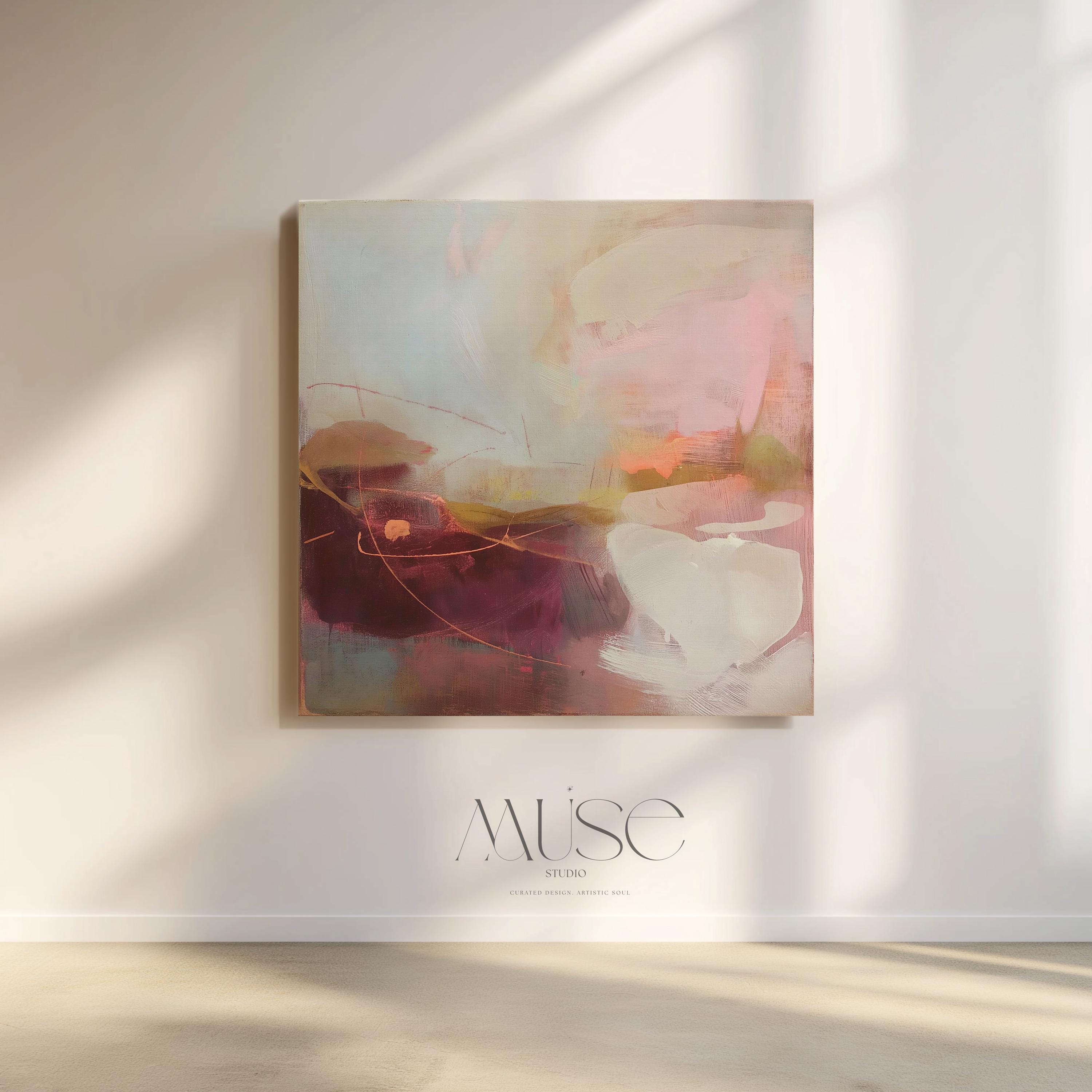 Square abstract canvas wall art featuring a blend of plum, blush pink, peach, and warm neutrals with soft textures and expressive linework. Styled in a nature-inspired and warm minimal aesthetic, this giclée canvas adds elegant calm to dining rooms, entryways, or serene modern interiors. Available as gallery-wrapped or framed canvas from Muse Studio.