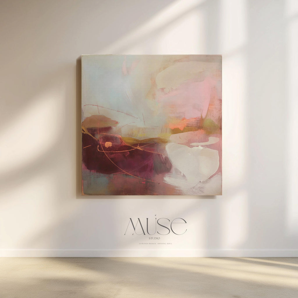 Square abstract canvas wall art featuring a blend of plum, blush pink, peach, and warm neutrals with soft textures and expressive linework. Styled in a nature-inspired and warm minimal aesthetic, this giclée canvas adds elegant calm to dining rooms, entryways, or serene modern interiors. Available as gallery-wrapped or framed canvas from Muse Studio.