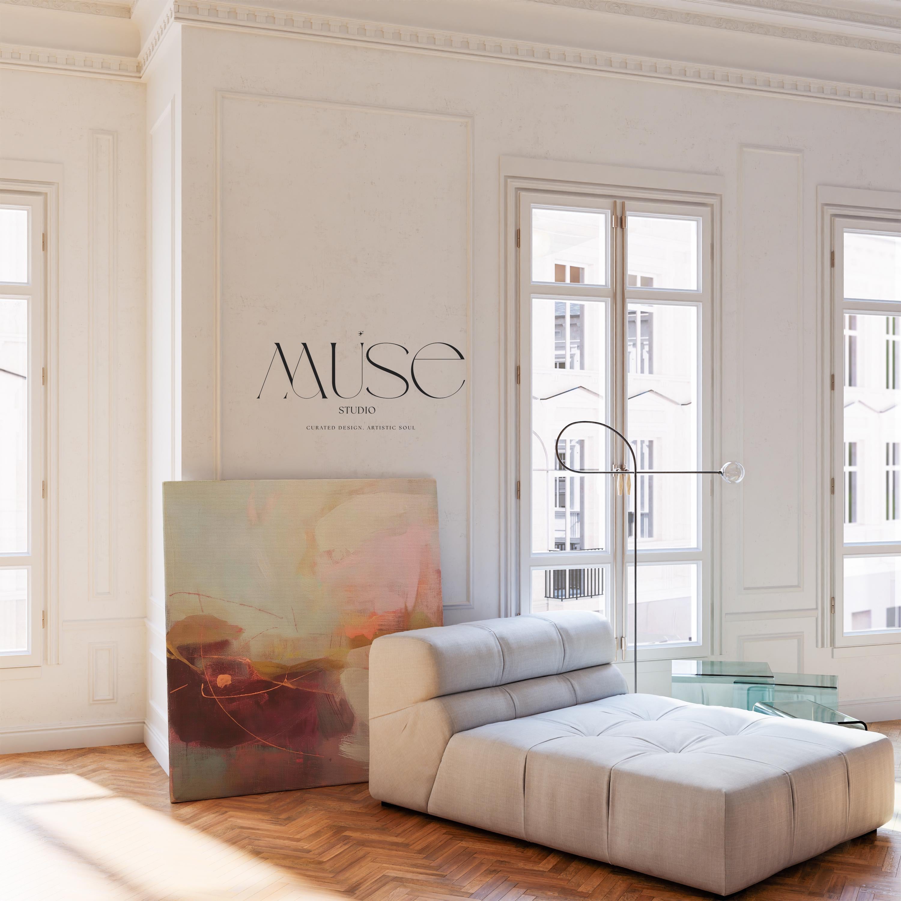 Square abstract canvas wall art featuring a blend of plum, blush pink, peach, and warm neutrals with soft textures and expressive linework. Styled in a nature-inspired and warm minimal aesthetic, this giclée canvas adds elegant calm to dining rooms, entryways, or serene modern interiors. Available as gallery-wrapped or framed canvas from Muse Studio.