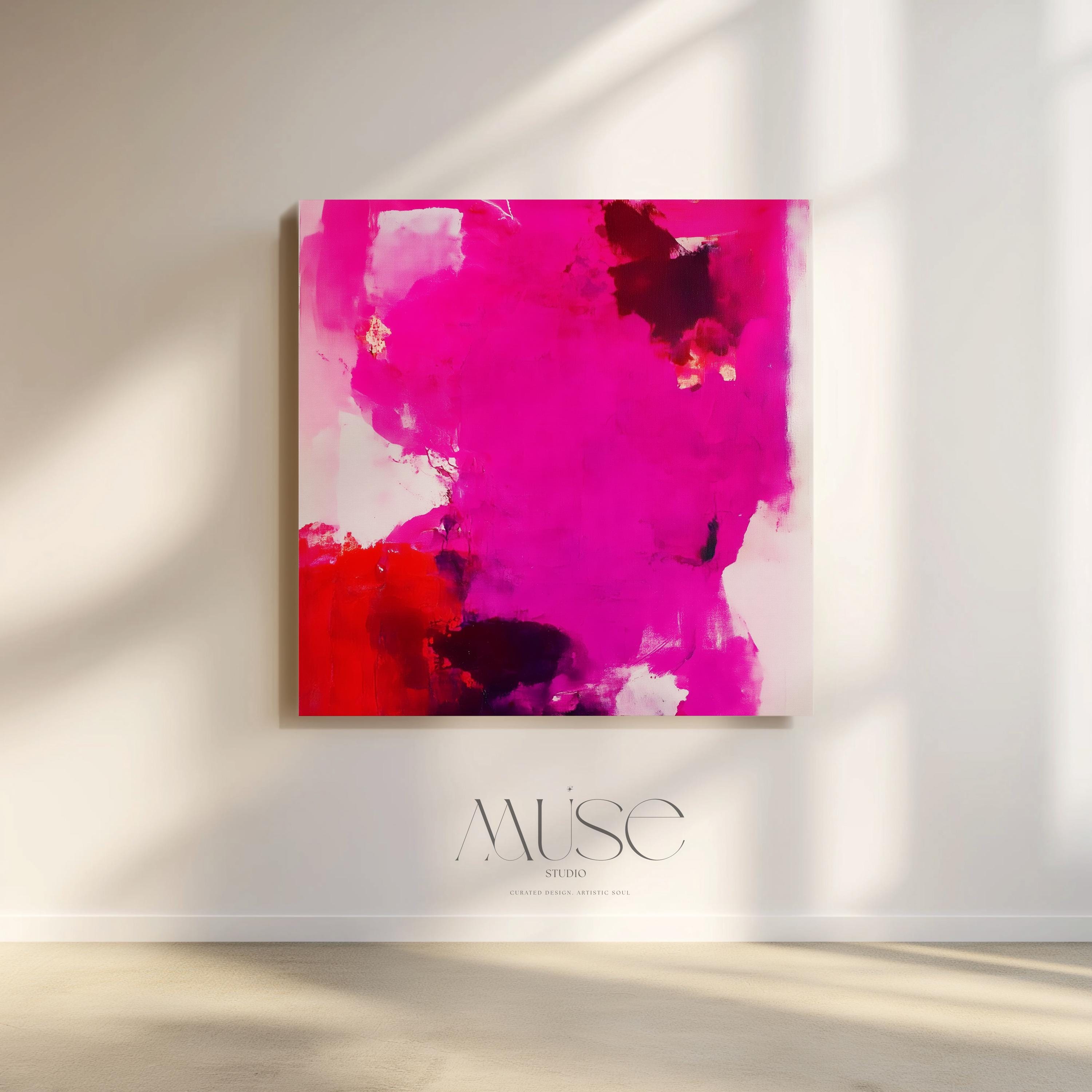 Square canvas wall art in bold magenta, crimson red, plum, and white with expressive abstract brushwork. Designed in an eclectic and retro glam style, this giclée print makes a bold statement in modern interiors, ideal for studios, entryways, or color-forward living spaces. Available as gallery-wrapped canvas or framed canvas from Muse Studio.
