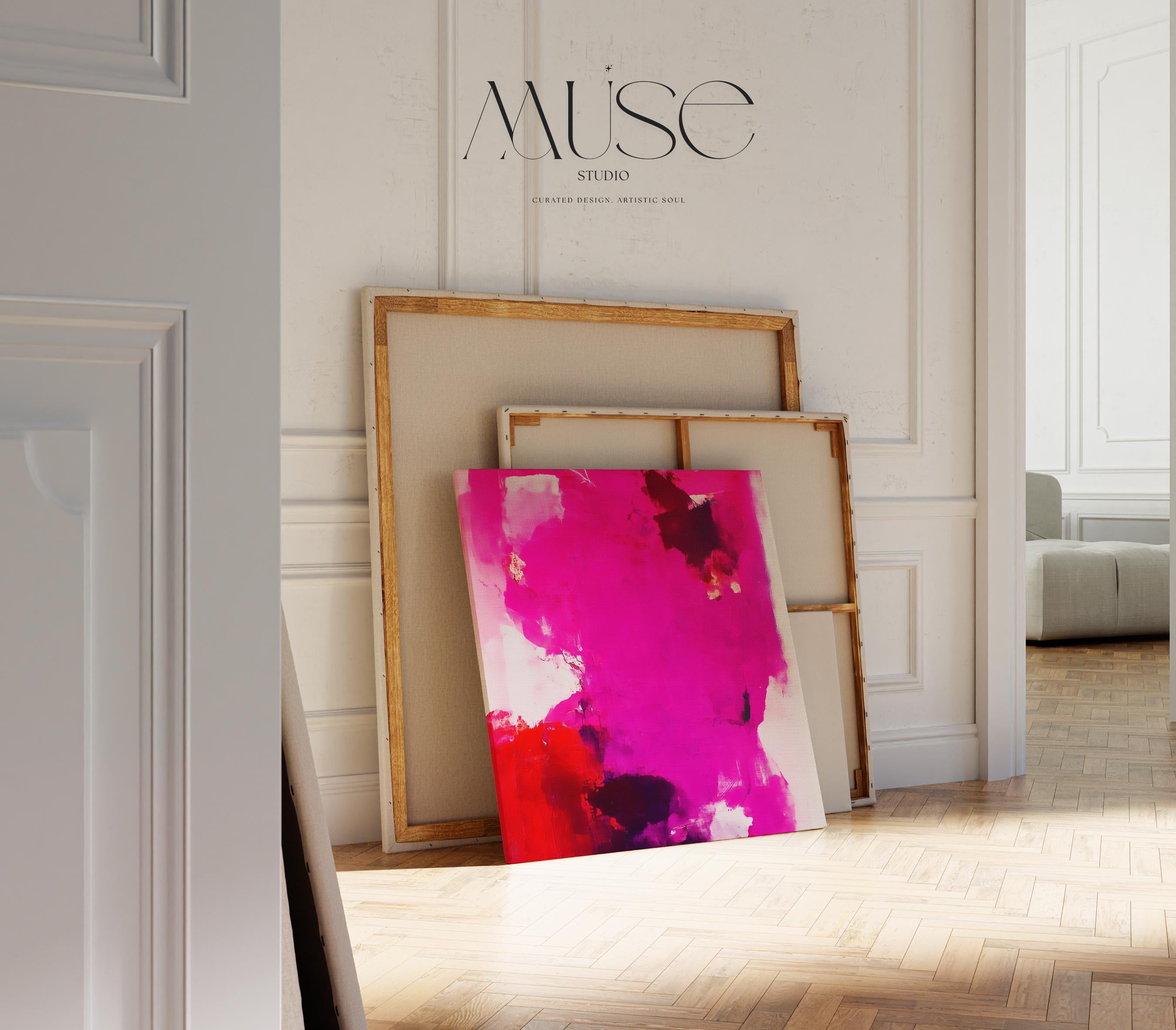 Square canvas wall art in bold magenta, crimson red, plum, and white with expressive abstract brushwork. Designed in an eclectic and retro glam style, this giclée print makes a bold statement in modern interiors, ideal for studios, entryways, or color-forward living spaces. Available as gallery-wrapped canvas or framed canvas from Muse Studio.