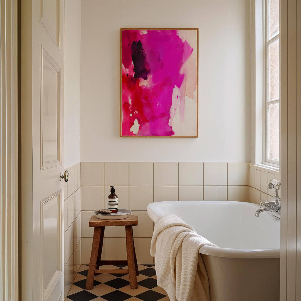 Vertical giclée art print featuring saturated magenta, fiery red, and rich plum hues with expressive, painterly movement and soft linen background. Designed for bold, editorial-style interiors, this color pop abstract offers a striking focal point for modern entryways, stairwells, or design-forward living rooms. Printed on archival fine art paper and available as a poster print, gallery-wrapped canvas, or floating frame from Muse Studio.