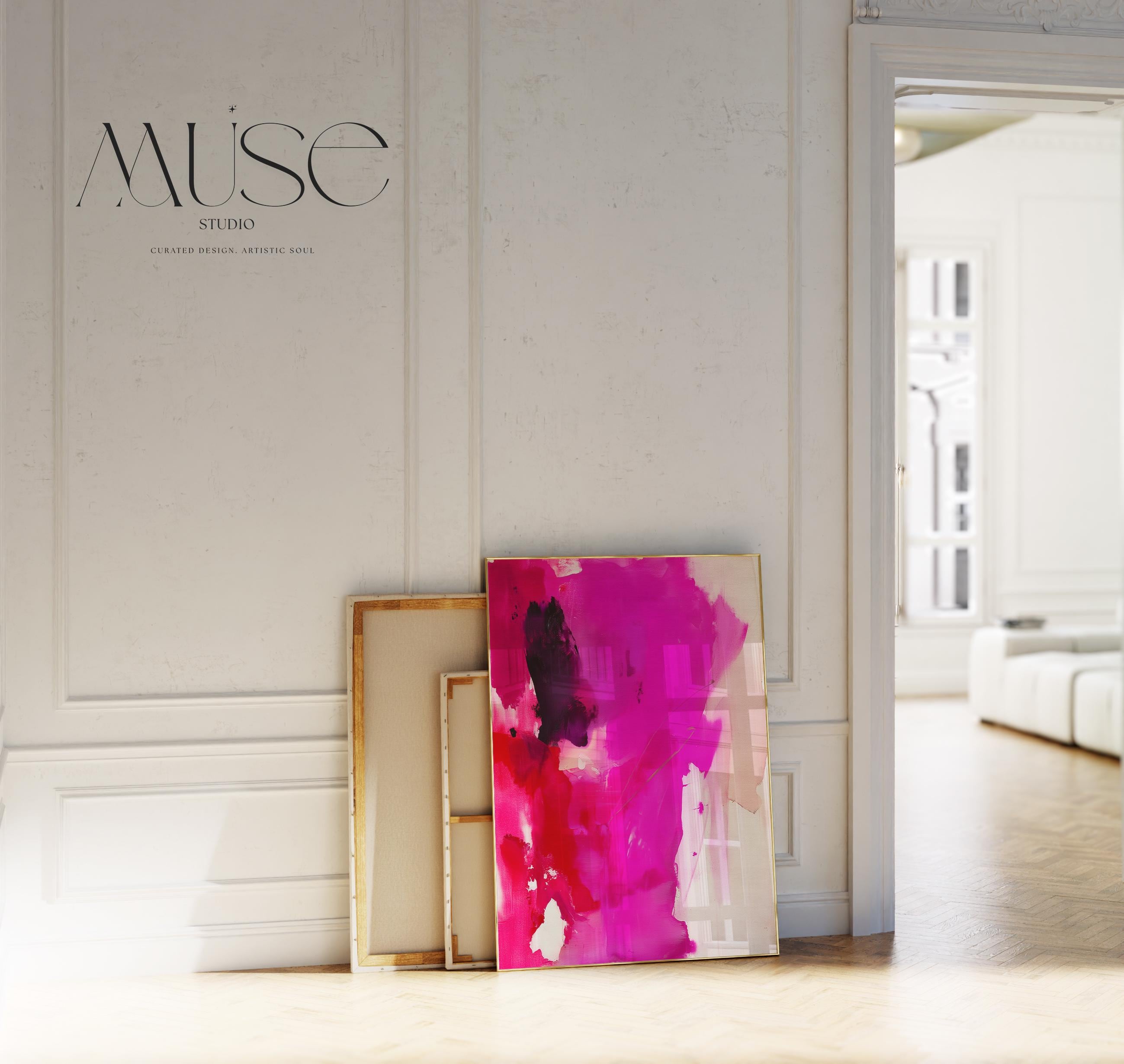 Vertical giclée art print featuring saturated magenta, fiery red, and rich plum hues with expressive, painterly movement and soft linen background. Designed for bold, editorial-style interiors, this color pop abstract offers a striking focal point for modern entryways, stairwells, or design-forward living rooms. Printed on archival fine art paper and available as a poster print, gallery-wrapped canvas, or floating frame from Muse Studio.