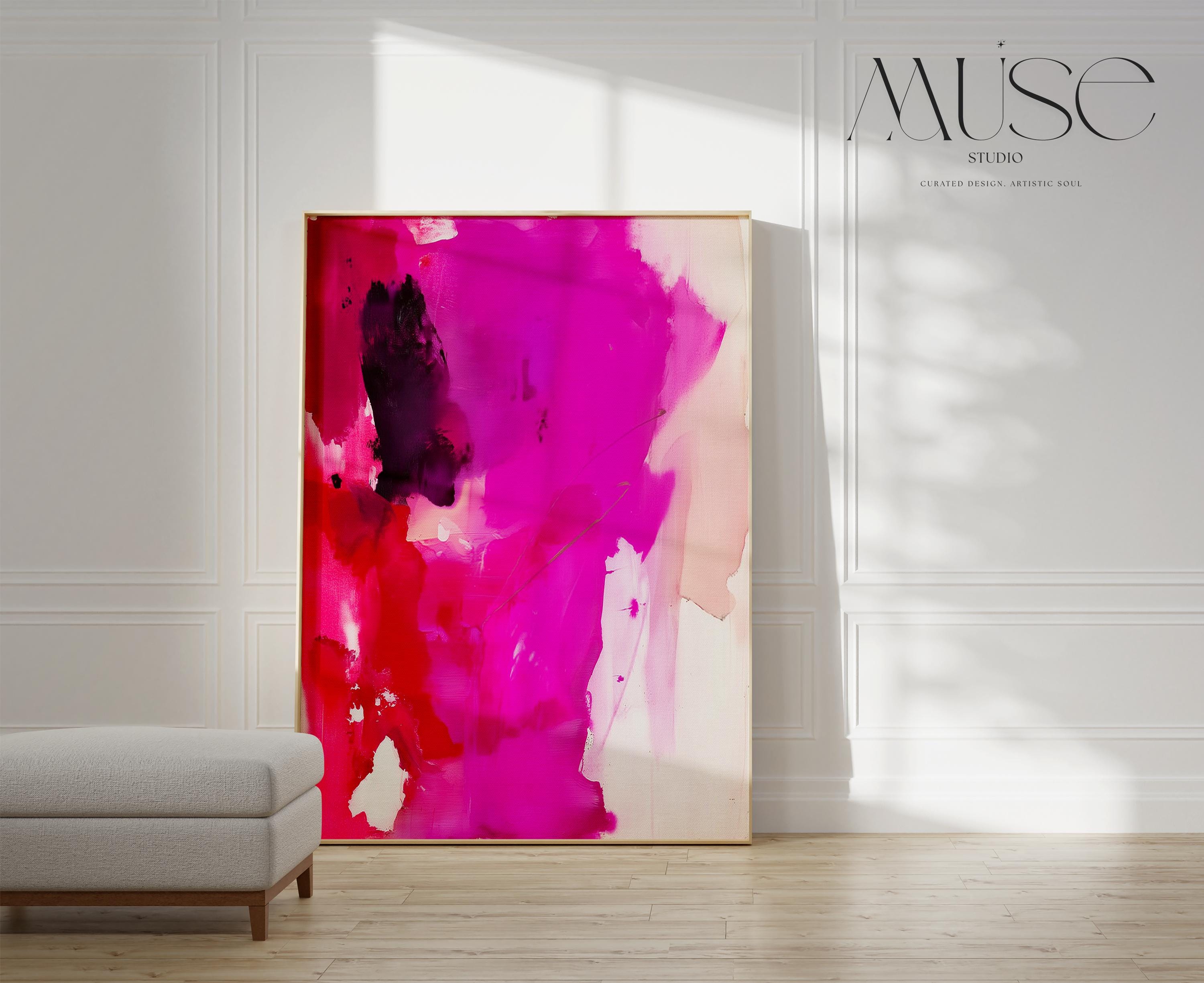 Vertical giclée art print featuring saturated magenta, fiery red, and rich plum hues with expressive, painterly movement and soft linen background. Designed for bold, editorial-style interiors, this color pop abstract offers a striking focal point for modern entryways, stairwells, or design-forward living rooms. Printed on archival fine art paper and available as a poster print, gallery-wrapped canvas, or floating frame from Muse Studio.