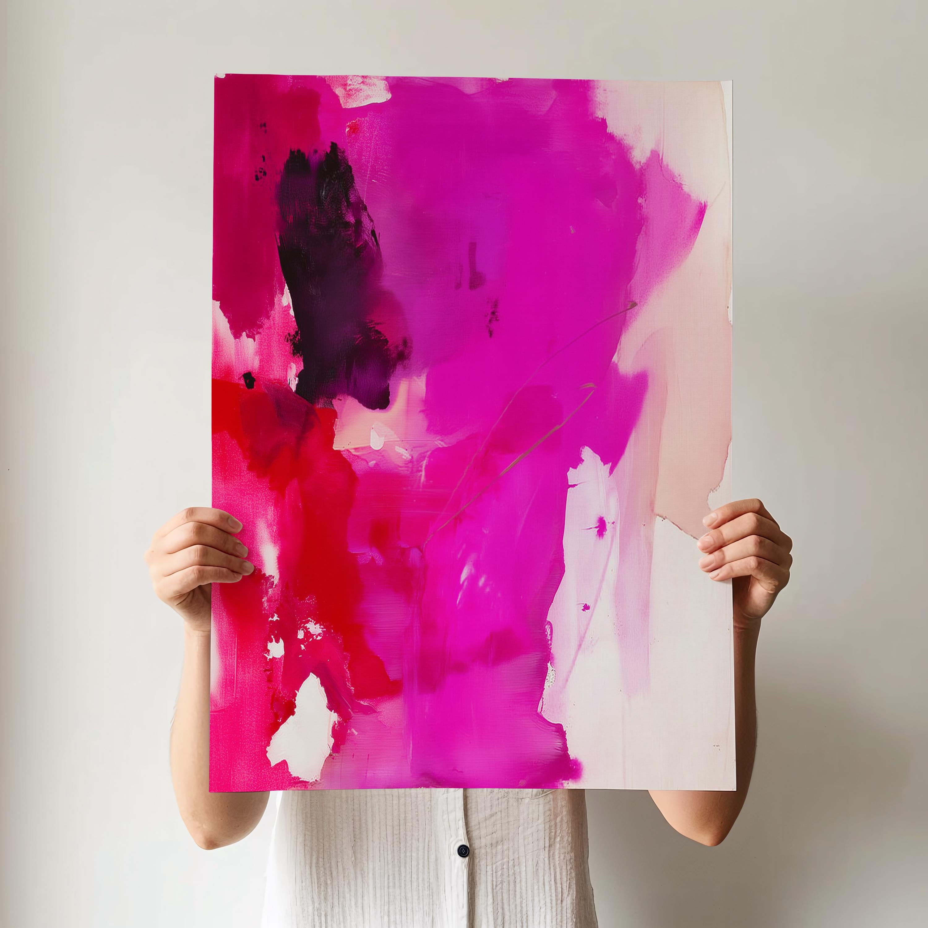 Vertical giclée art print featuring saturated magenta, fiery red, and rich plum hues with expressive, painterly movement and soft linen background. Designed for bold, editorial-style interiors, this color pop abstract offers a striking focal point for modern entryways, stairwells, or design-forward living rooms. Printed on archival fine art paper and available as a poster print, gallery-wrapped canvas, or floating frame from Muse Studio.