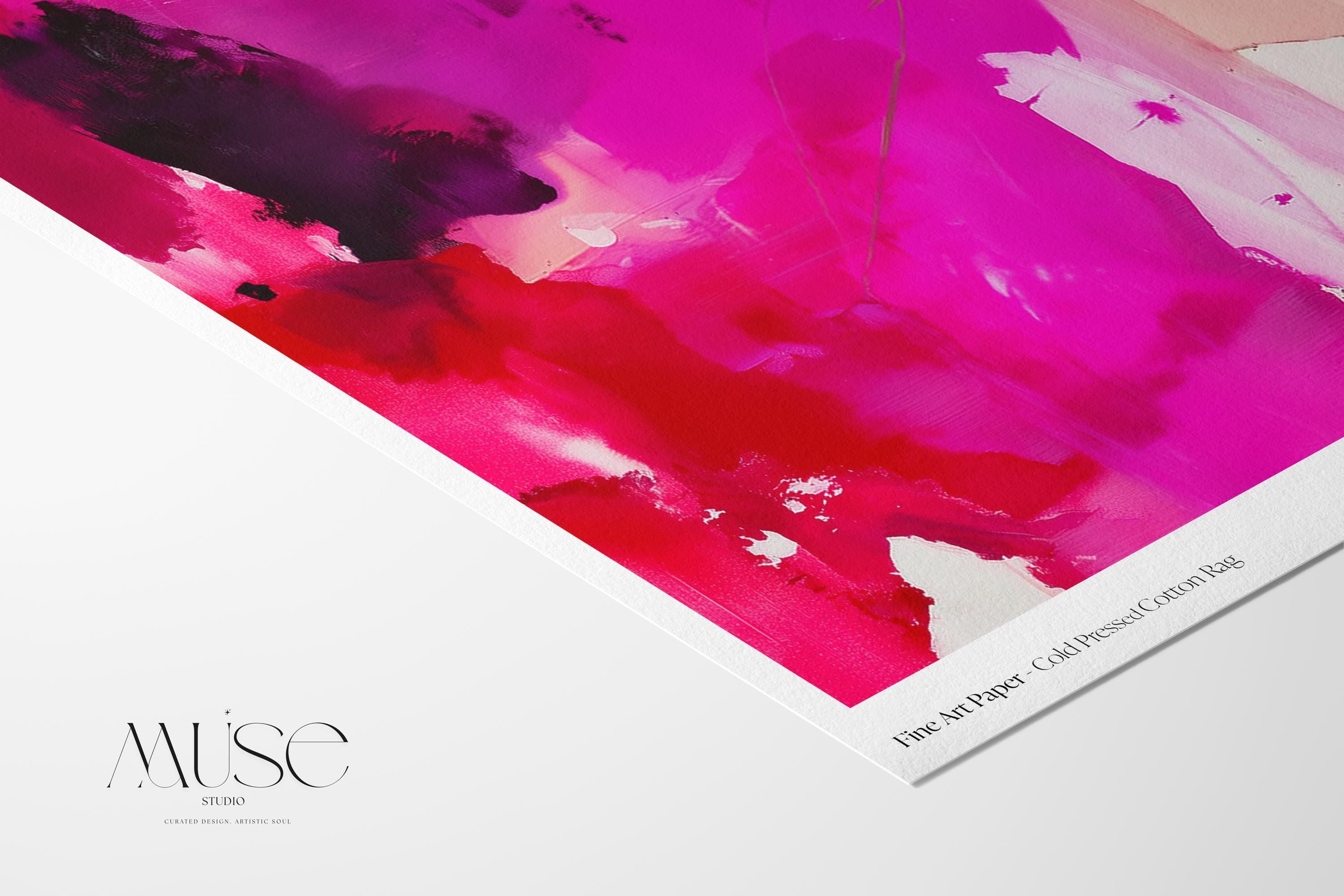 Vertical giclée art print featuring saturated magenta, fiery red, and rich plum hues with expressive, painterly movement and soft linen background. Designed for bold, editorial-style interiors, this color pop abstract offers a striking focal point for modern entryways, stairwells, or design-forward living rooms. Printed on archival fine art paper and available as a poster print, gallery-wrapped canvas, or floating frame from Muse Studio.