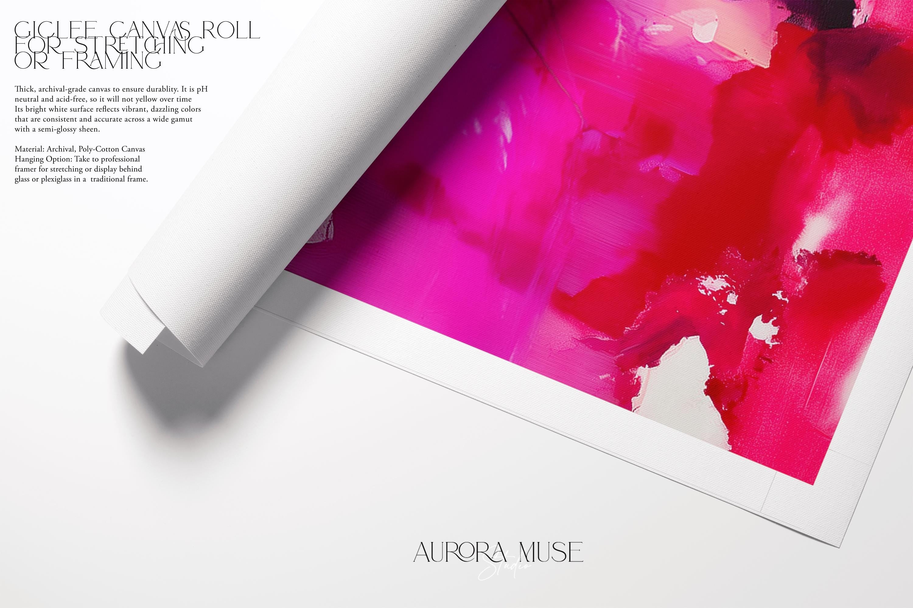 Vertical giclée art print featuring saturated magenta, fiery red, and rich plum hues with expressive, painterly movement and soft linen background. Designed for bold, editorial-style interiors, this color pop abstract offers a striking focal point for modern entryways, stairwells, or design-forward living rooms. Printed on archival fine art paper and available as a poster print, gallery-wrapped canvas, or floating frame from Muse Studio.