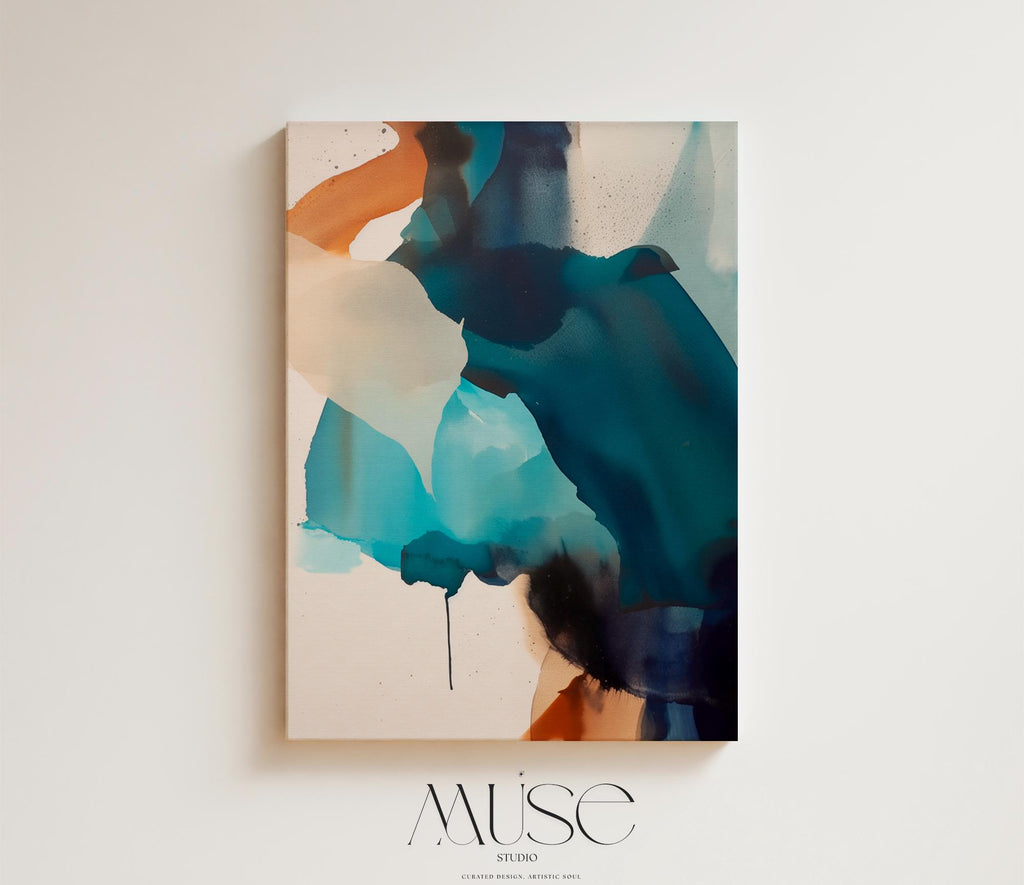 Vertical gallery-wrapped canvas featuring an abstract composition of teal, deep navy, soft aqua, and sand with fluid, ink-like motion across a neutral base. This nature-inspired wall art adds a tranquil, contemporary presence to coastal interiors, entryways, or stairwells. A soft modern statement piece, available as canvas or floating framed wall art from Muse Studio.