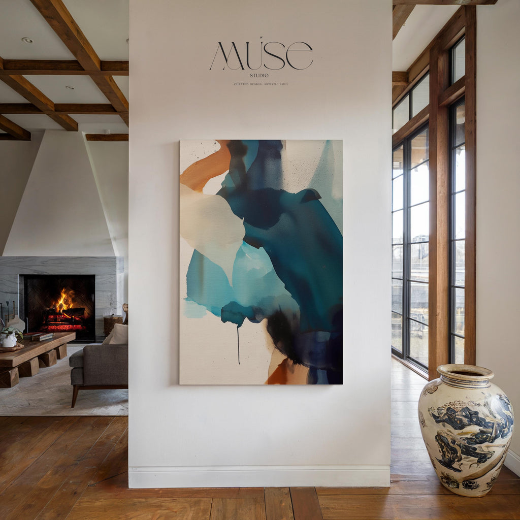 Vertical gallery-wrapped canvas featuring an abstract composition of teal, deep navy, soft aqua, and sand with fluid, ink-like motion across a neutral base. This nature-inspired wall art adds a tranquil, contemporary presence to coastal interiors, entryways, or stairwells. A soft modern statement piece, available as canvas or floating framed wall art from Muse Studio.