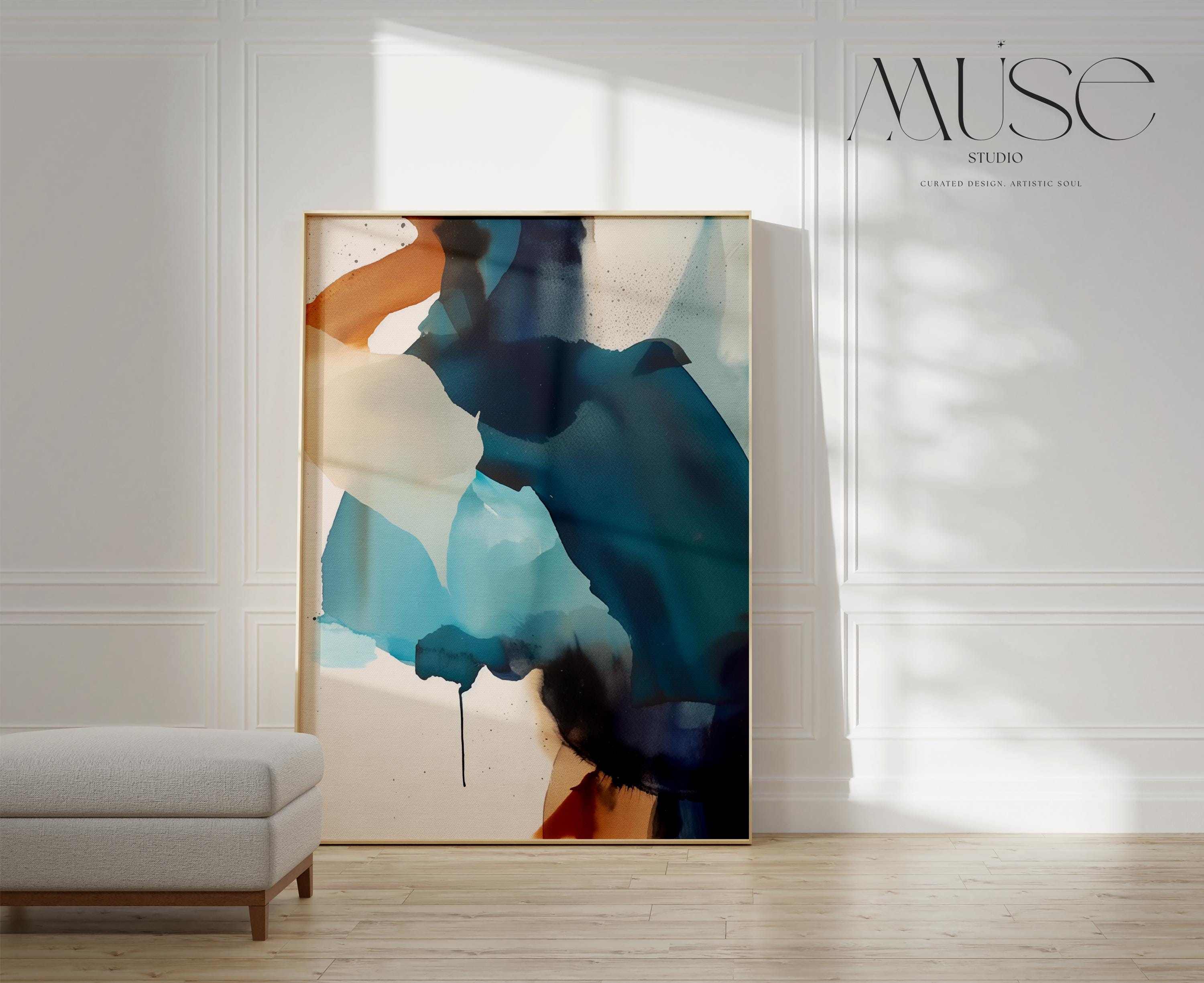 Vertical giclée art print featuring flowing abstract forms in deep navy, coastal teal, and soft aqua with sandy neutral undertones. Inspired by water and ink movement, this nature-inspired piece blends calm rhythm with bold color for modern coastal interiors. Ideal for designers curating soft contemporary spaces or coastal-inspired rooms. Printed on archival fine art paper and available as a poster print or canvas from Muse Studio.
