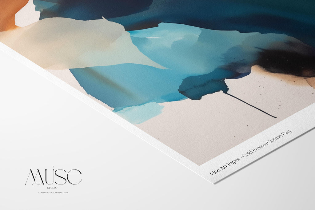Vertical giclée art print featuring flowing abstract forms in deep navy, coastal teal, and soft aqua with sandy neutral undertones. Inspired by water and ink movement, this nature-inspired piece blends calm rhythm with bold color for modern coastal interiors. Ideal for designers curating soft contemporary spaces or coastal-inspired rooms. Printed on archival fine art paper and available as a poster print or canvas from Muse Studio.