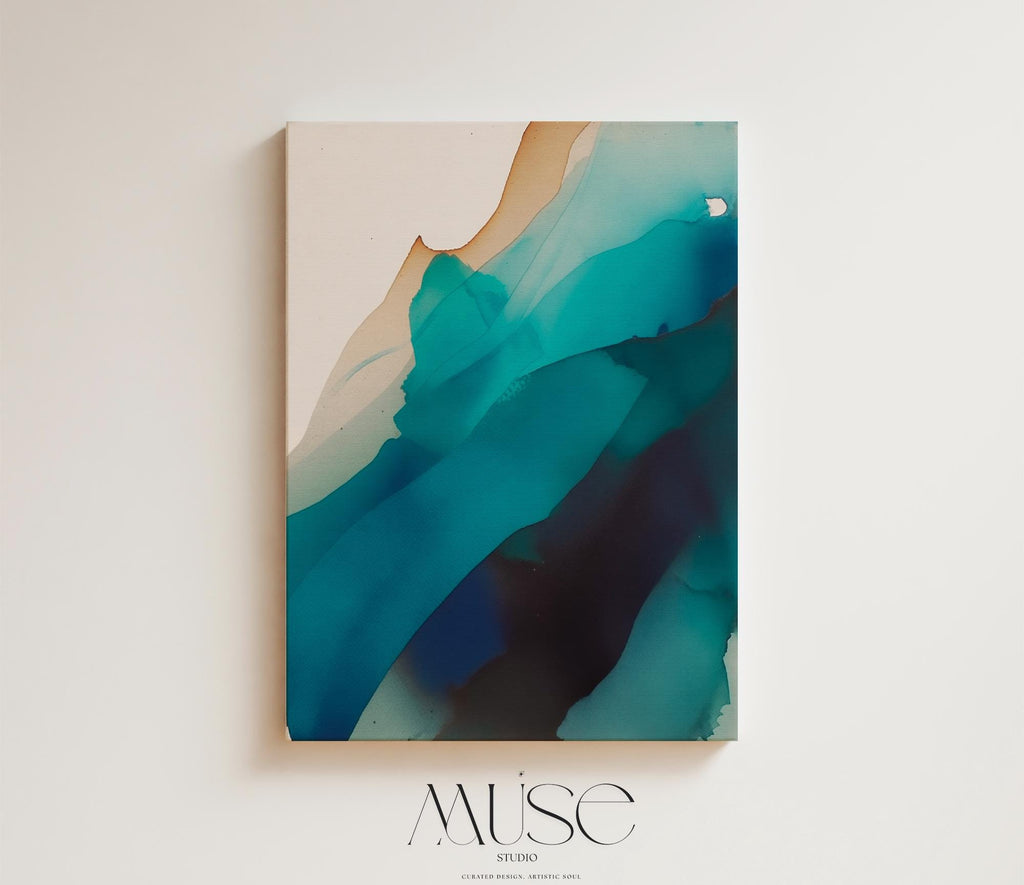 Vertical canvas wall art featuring deep teal, navy, aqua, and soft sand tones in a fluid, ink-wash abstract style. This nature-inspired design blends organic motion with a tranquil, modern aesthetic—perfect for soft contemporary interiors, stairwells, or coastal-inspired living rooms. Available as a gallery-wrapped or floating frame canvas from Muse Studio for designer-level wall styling.