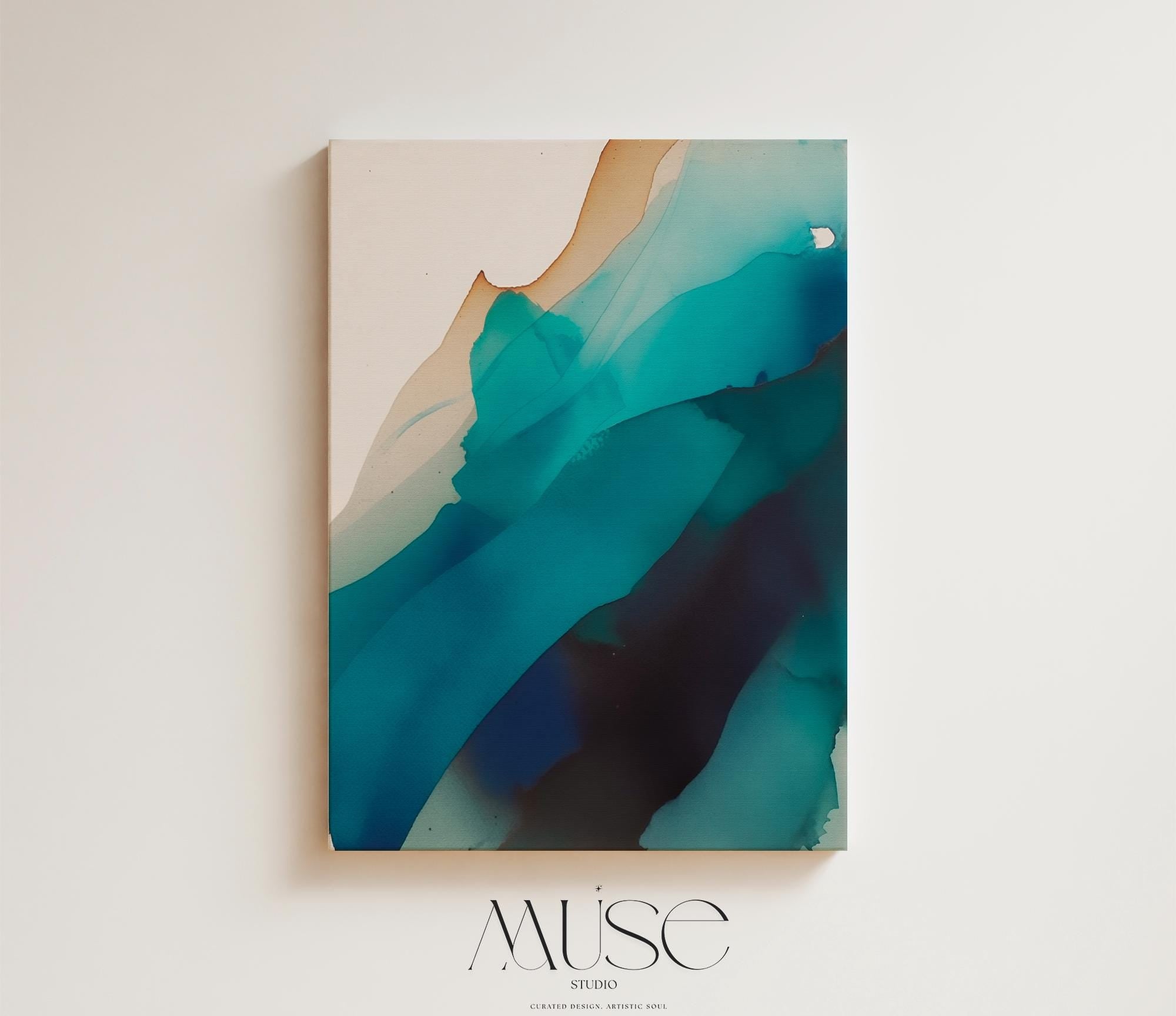 Vertical canvas wall art featuring deep teal, navy, aqua, and soft sand tones in a fluid, ink-wash abstract style. This nature-inspired design blends organic motion with a tranquil, modern aesthetic—perfect for soft contemporary interiors, stairwells, or coastal-inspired living rooms. Available as a gallery-wrapped or floating frame canvas from Muse Studio for designer-level wall styling.