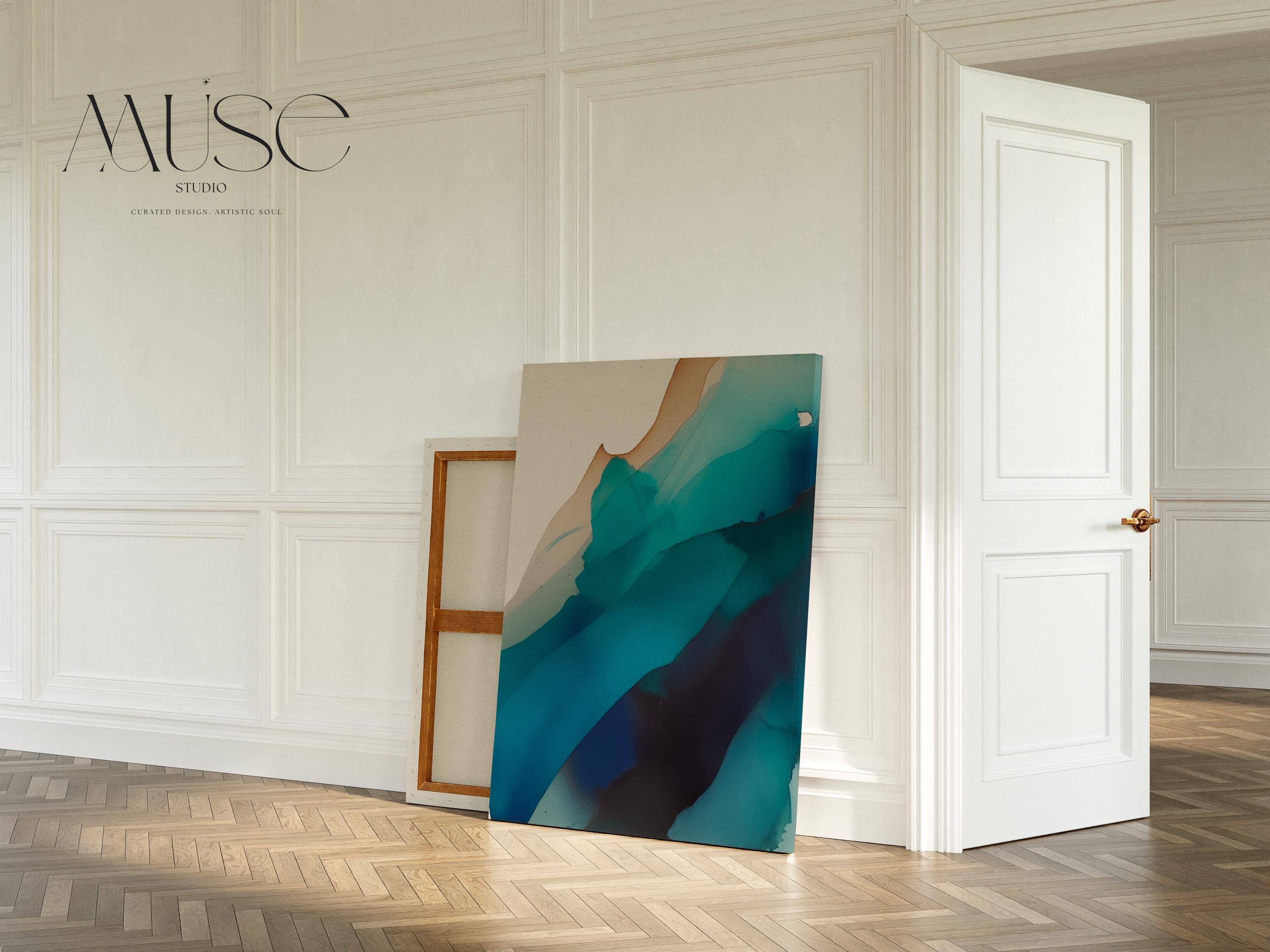 Vertical canvas wall art featuring deep teal, navy, aqua, and soft sand tones in a fluid, ink-wash abstract style. This nature-inspired design blends organic motion with a tranquil, modern aesthetic—perfect for soft contemporary interiors, stairwells, or coastal-inspired living rooms. Available as a gallery-wrapped or floating frame canvas from Muse Studio for designer-level wall styling.