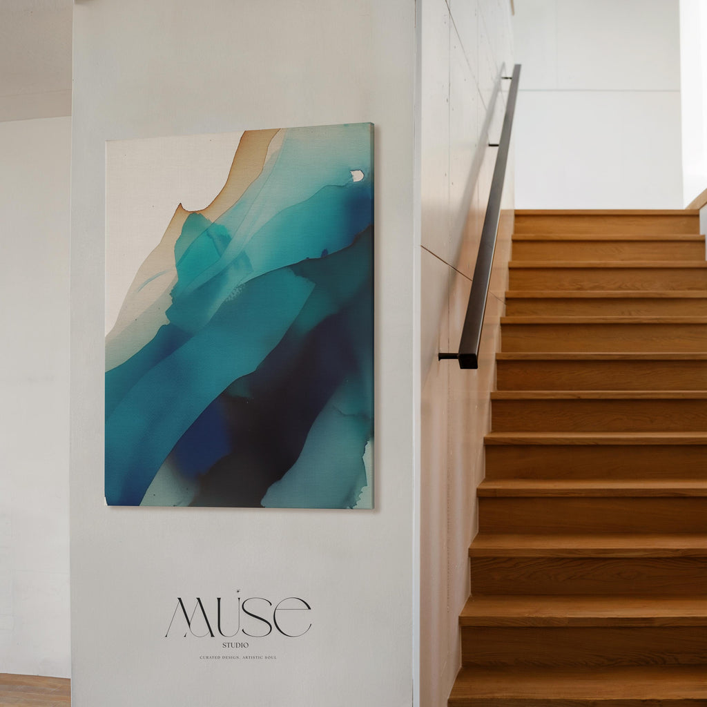 Vertical canvas wall art featuring deep teal, navy, aqua, and soft sand tones in a fluid, ink-wash abstract style. This nature-inspired design blends organic motion with a tranquil, modern aesthetic—perfect for soft contemporary interiors, stairwells, or coastal-inspired living rooms. Available as a gallery-wrapped or floating frame canvas from Muse Studio for designer-level wall styling.