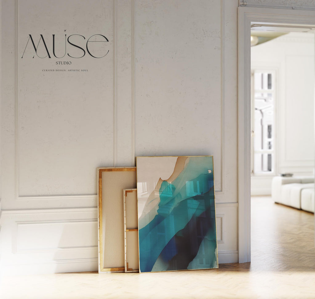 Vertical giclée art print featuring fluid abstract layers of teal, ocean blue, and warm sand hues, blending with the softness of ink on neutral-toned paper. Ideal for modern coastal interiors, spa-inspired rooms, or soft contemporary homes, this fine art poster offers a serene and designer-curated look. Printed on museum-quality archival paper, available unframed or with canvas upgrade options from Muse Studio.