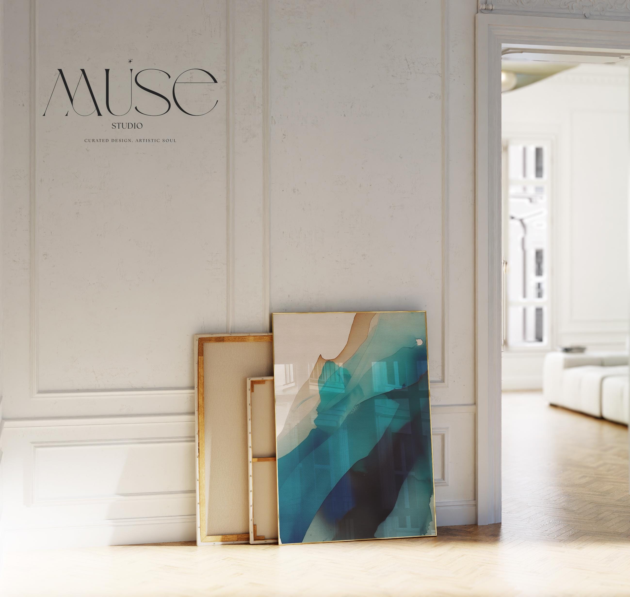 Vertical giclée art print featuring fluid abstract layers of teal, ocean blue, and warm sand hues, blending with the softness of ink on neutral-toned paper. Ideal for modern coastal interiors, spa-inspired rooms, or soft contemporary homes, this fine art poster offers a serene and designer-curated look. Printed on museum-quality archival paper, available unframed or with canvas upgrade options from Muse Studio.