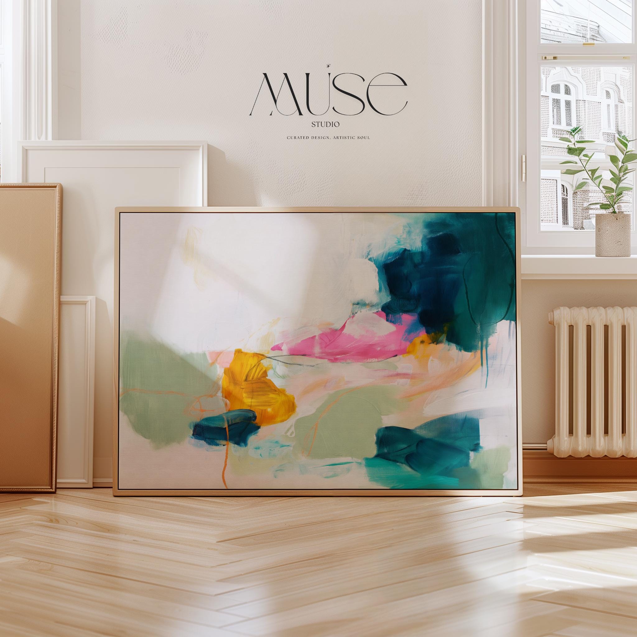 Horizontal abstract art print in vibrant pink, teal, yellow, and soft green with dynamic painterly brushwork and expressive layering. Styled for eclectic, colorful interiors or playful gallery walls, this giclée poster print adds joyful movement and bold personality to bedrooms, creative spaces, or modern living areas. Printed on archival fine art paper and available as a rolled poster or upgraded to canvas from Muse Studio.