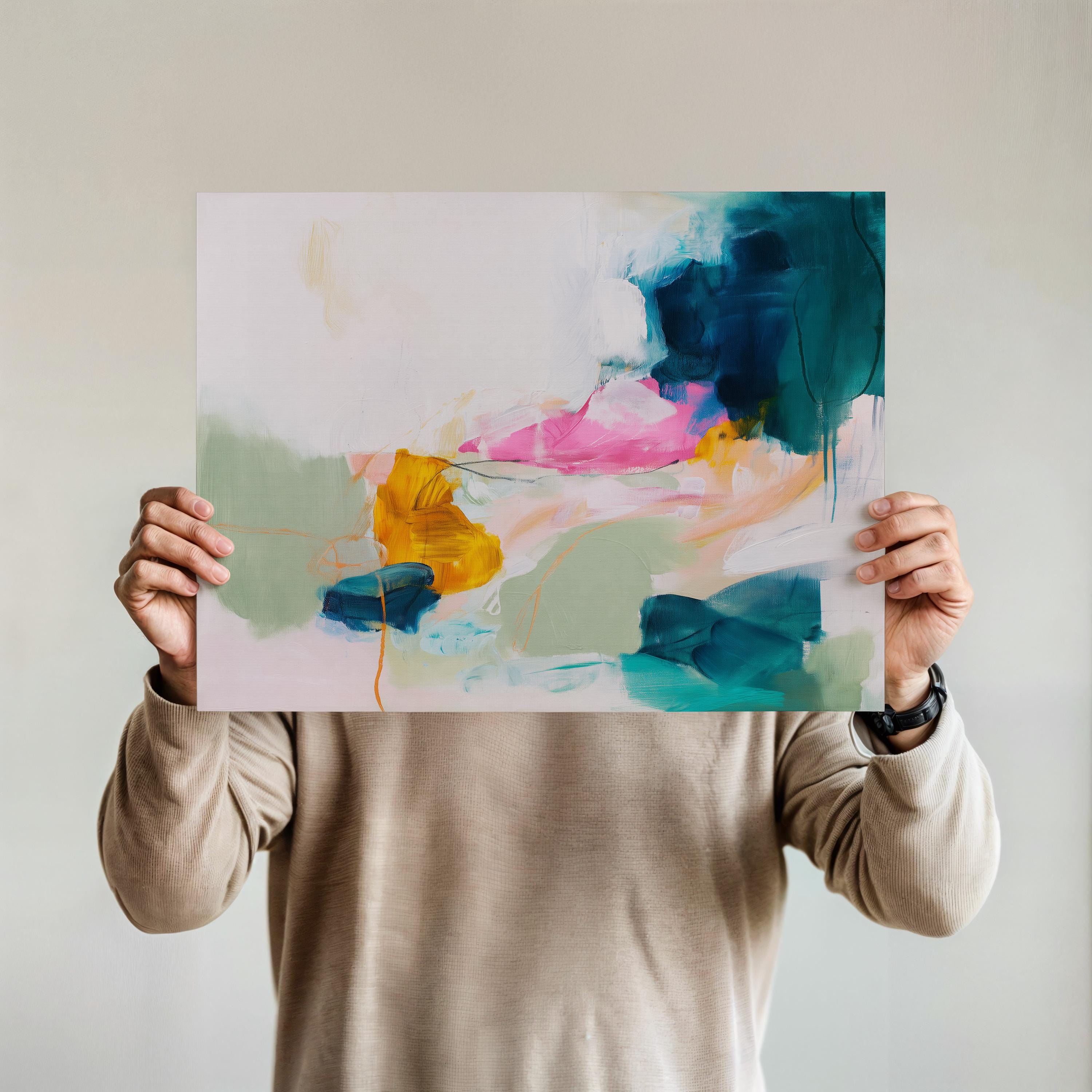 Horizontal abstract art print in vibrant pink, teal, yellow, and soft green with dynamic painterly brushwork and expressive layering. Styled for eclectic, colorful interiors or playful gallery walls, this giclée poster print adds joyful movement and bold personality to bedrooms, creative spaces, or modern living areas. Printed on archival fine art paper and available as a rolled poster or upgraded to canvas from Muse Studio.