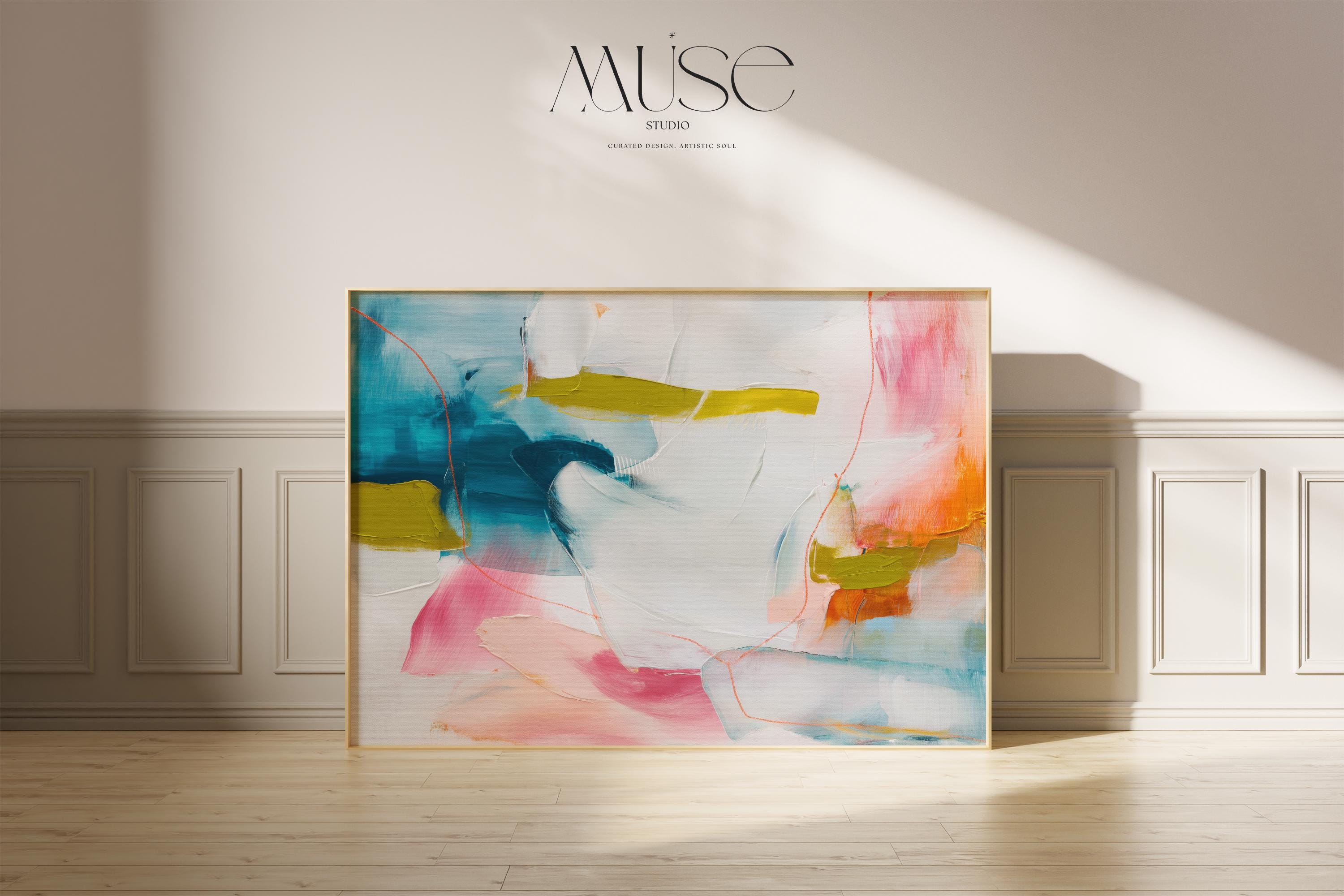 Horizontal abstract art print in bold teal, pink, mustard yellow, and coral orange with painterly texture and expressive brushwork. Designed for colorful, modern interiors, this color pop giclée print adds energy and curated style to living rooms, creative offices, or gallery walls. Available as an archival fine art poster or canvas from Muse Studio.