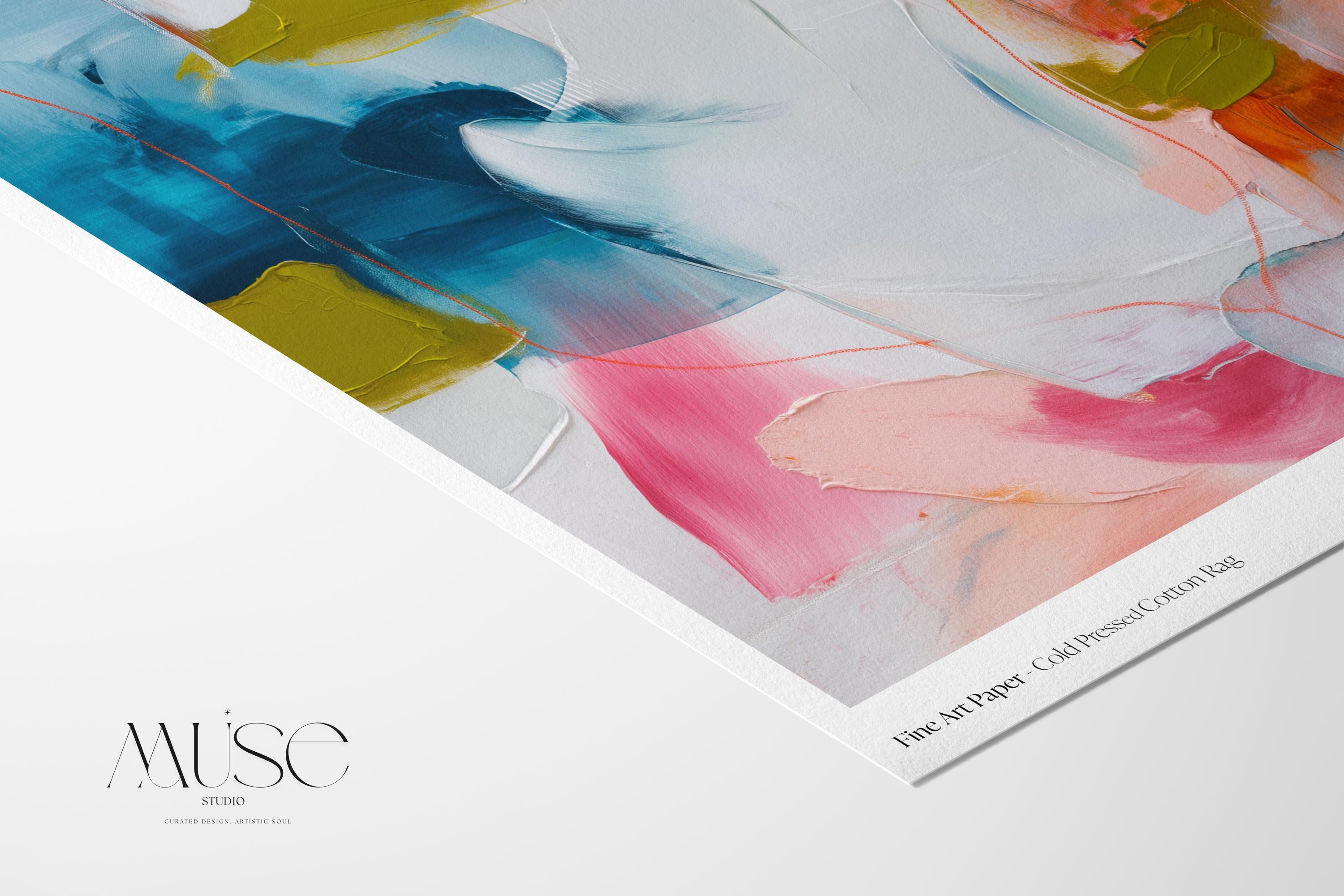 Horizontal abstract art print in bold teal, pink, mustard yellow, and coral orange with painterly texture and expressive brushwork. Designed for colorful, modern interiors, this color pop giclée print adds energy and curated style to living rooms, creative offices, or gallery walls. Available as an archival fine art poster or canvas from Muse Studio.