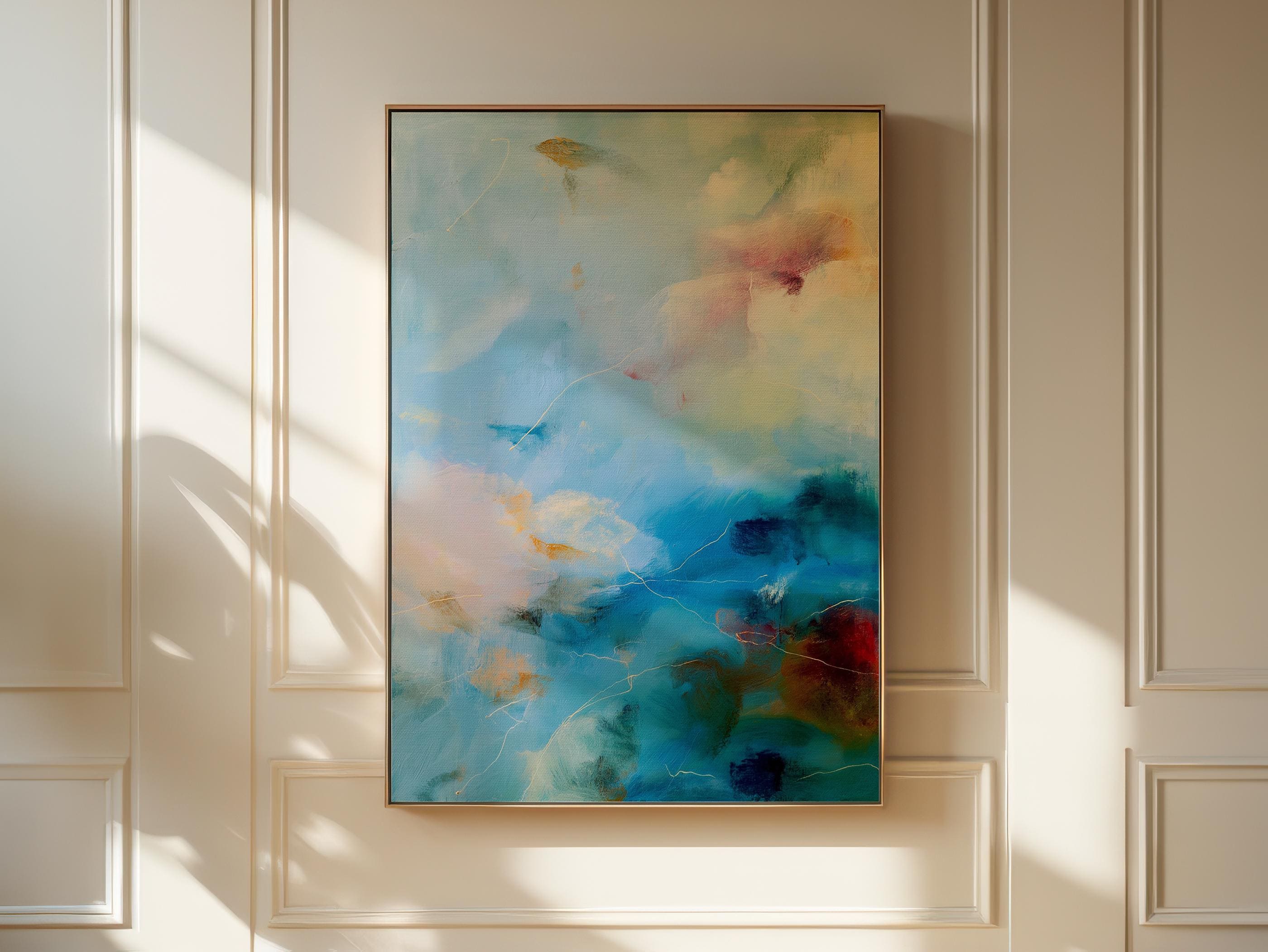 Vertical teal blue abstract canvas wall art by Muse Studio, artwork 549. Serene coastal-inspired painting in teal, soft blue, and warm neutral tones printed with museum-grade giclée inks on premium gallery-wrapped artist canvas, styled for spa bathrooms, calm entryways, and modern coastal interiors.