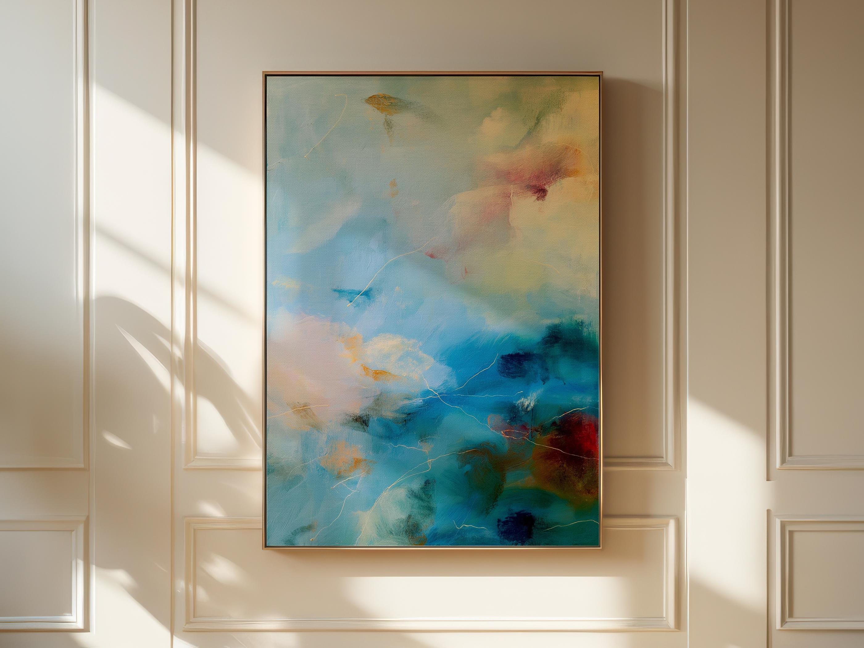 Vertical teal blue abstract canvas wall art by Muse Studio, artwork 549. Serene coastal-inspired painting in teal, soft blue, and warm neutral tones printed with museum-grade giclée inks on premium gallery-wrapped artist canvas, styled for spa bathrooms, calm entryways, and modern coastal interiors.
