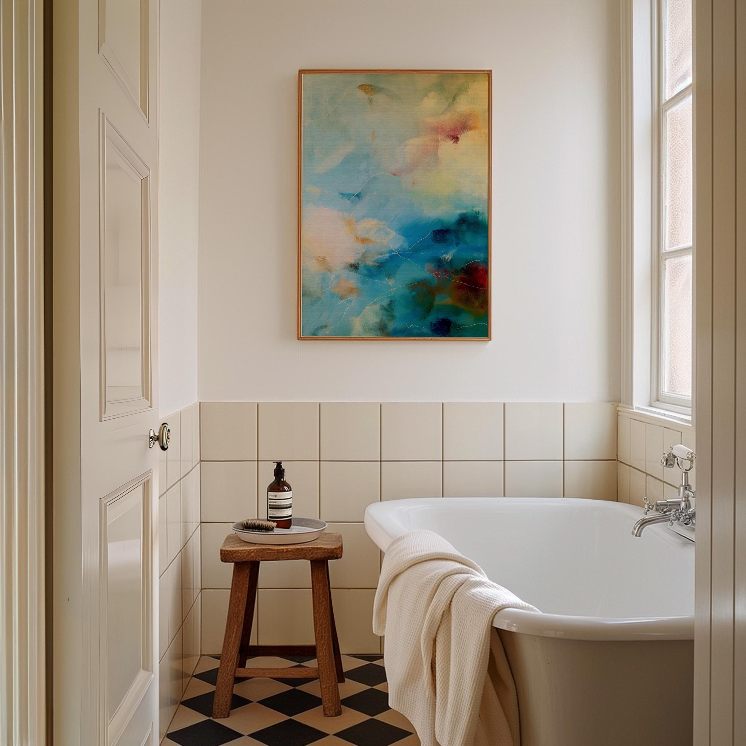 Vertical canvas wall art featuring an abstract blend of teal, cream, ocean blue, and earthy green. This soft color composition evokes the serenity of coastal skies and natural light. Ideal for tranquil interiors such as a spa, entryway, or bedroom retreat, this piece suits warm minimalist and nature-inspired decor styles. Available as a gallery-wrapped stretched canvas, framed canvas, or fine art print. Original artwork by Muse Studio.