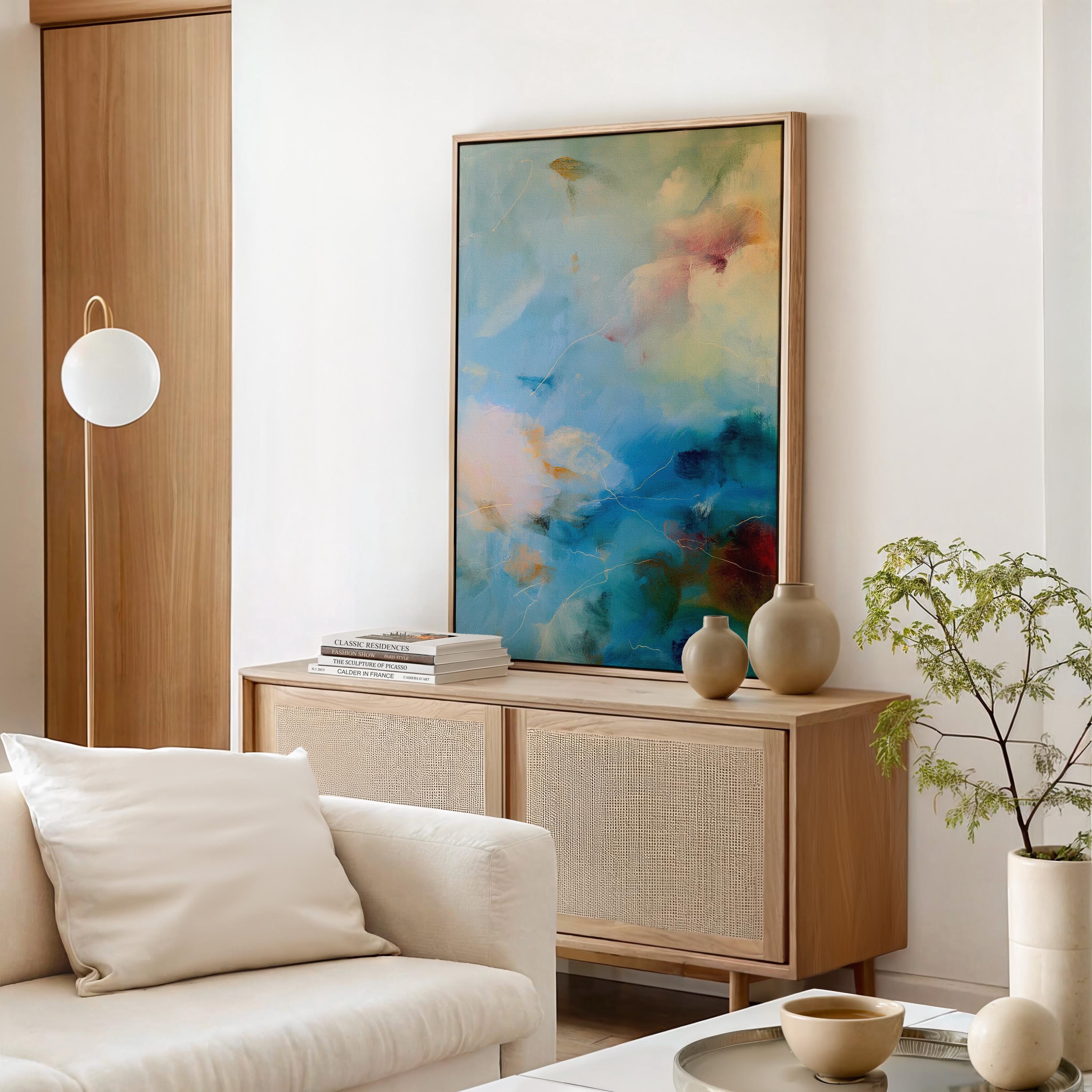 Vertical teal blue abstract canvas wall art by Muse Studio, artwork 549. Serene coastal-inspired painting in teal, soft blue, and warm neutral tones printed with museum-grade giclée inks on premium gallery-wrapped artist canvas, styled for spa bathrooms, calm entryways, and modern coastal interiors.