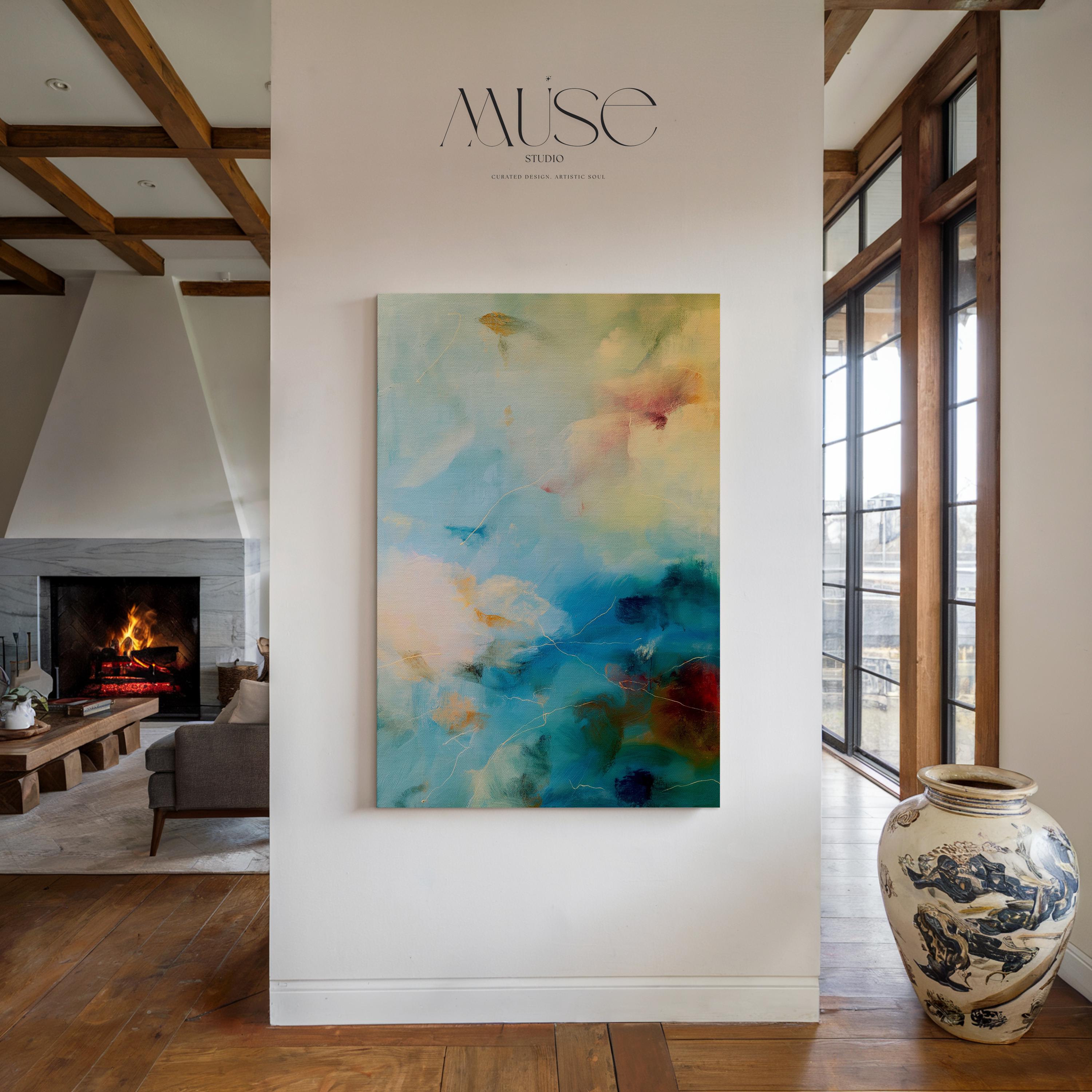 Vertical teal blue and cream abstract wall art with soft, nature-inspired movement. This large canvas design evokes a coastal calm ideal for spa interiors, serene entryways, or modern organic spaces. Available as gallery-wrapped or framed wall art by Muse Studio.