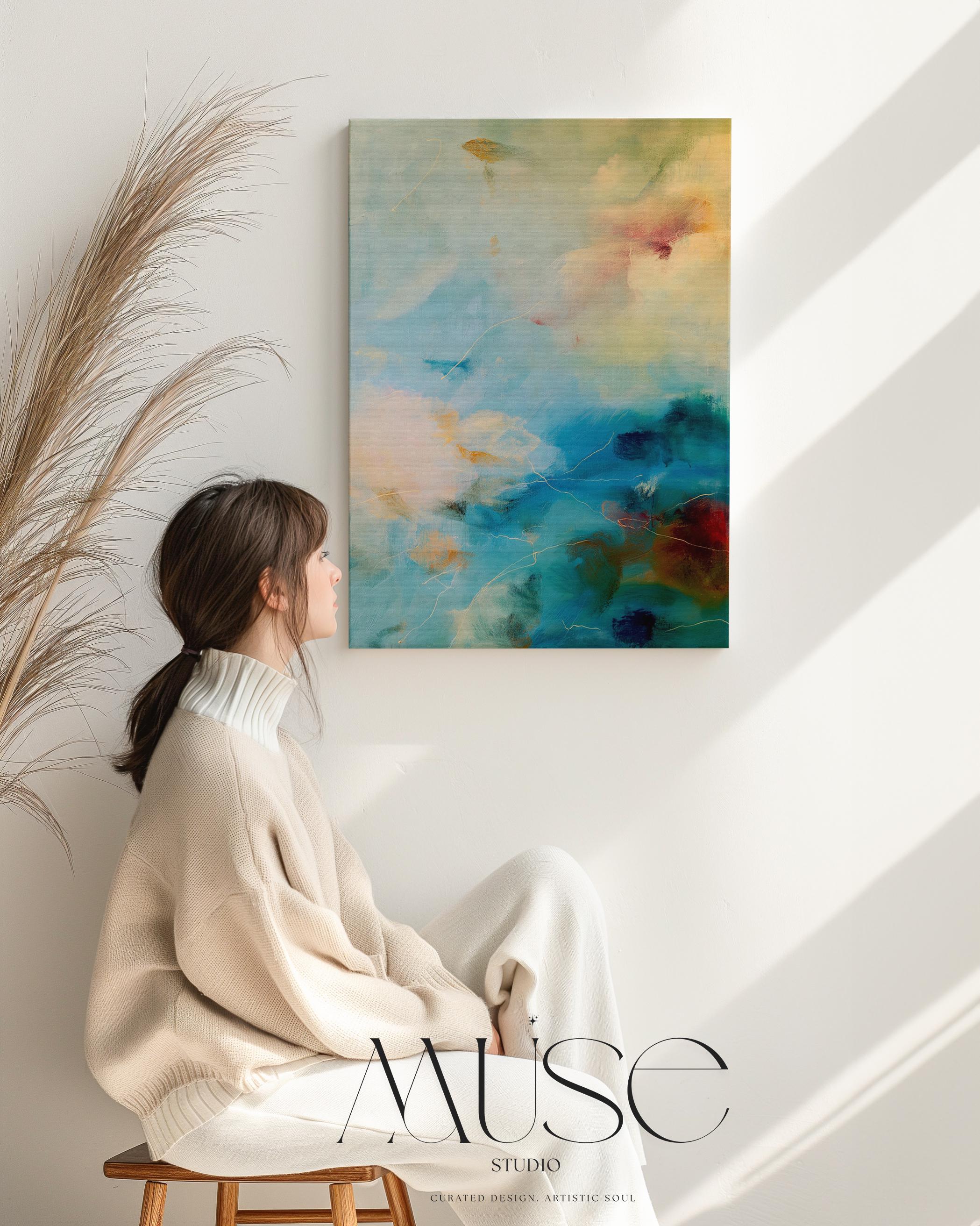 Vertical canvas wall art featuring an abstract design in teal blue, pale cream, soft blush, and warm ochre with hints of plum. This tranquil composition evokes the soothing energy of coastal skies and ocean mist. Perfect for a spa bathroom, entryway, or serene retreat. Complements nature-inspired, warm minimalist, or coastal interiors. Available as a gallery-wrapped stretched canvas, framed canvas, or fine art poster print. Original artwork by Muse Studio.