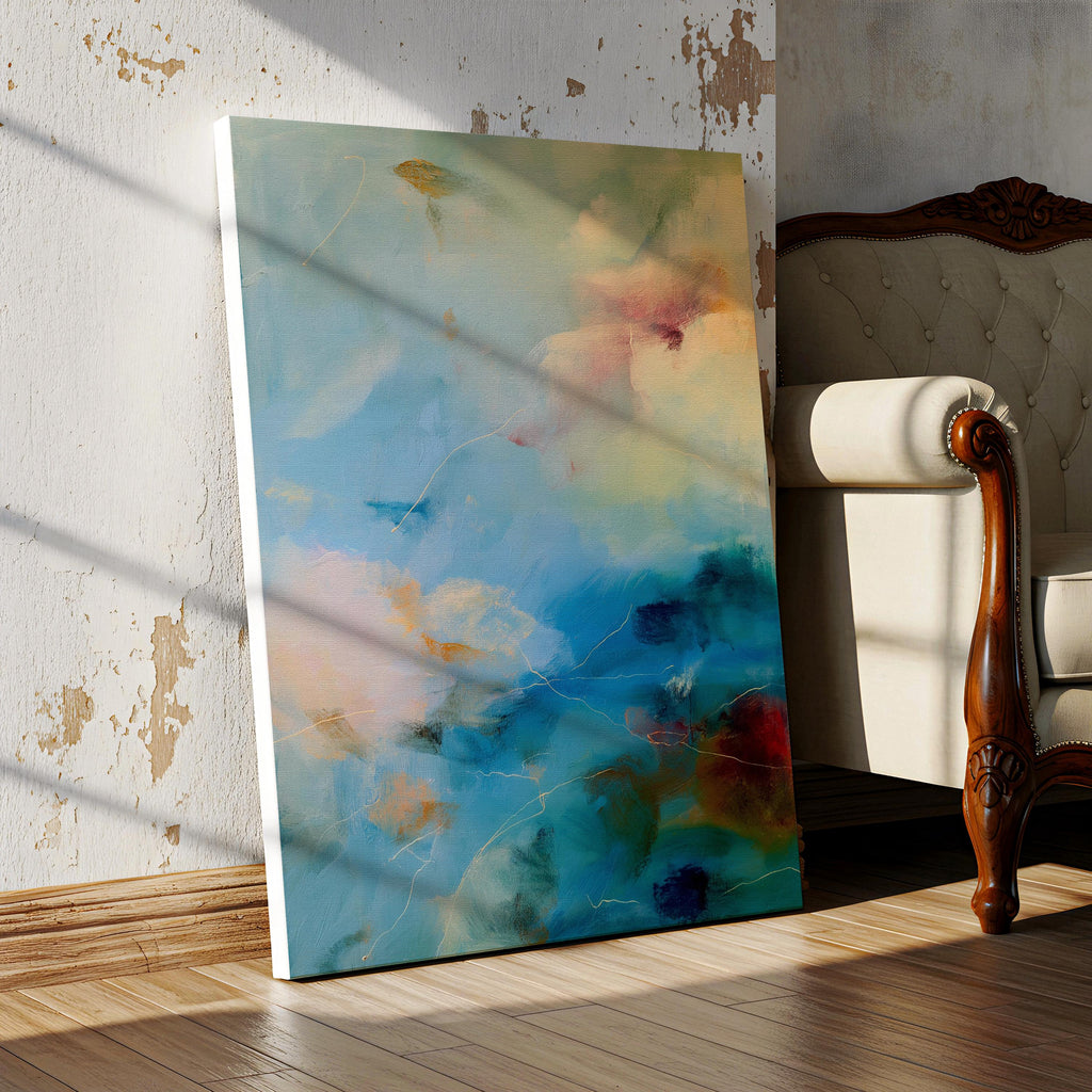 Vertical canvas wall art featuring an abstract design in teal blue, pale cream, soft blush, and warm ochre with hints of plum. This tranquil composition evokes the soothing energy of coastal skies and ocean mist. Perfect for a spa bathroom, entryway, or serene retreat. Complements nature-inspired, warm minimalist, or coastal interiors. Available as a gallery-wrapped stretched canvas, framed canvas, or fine art poster print. Original artwork by Muse Studio.