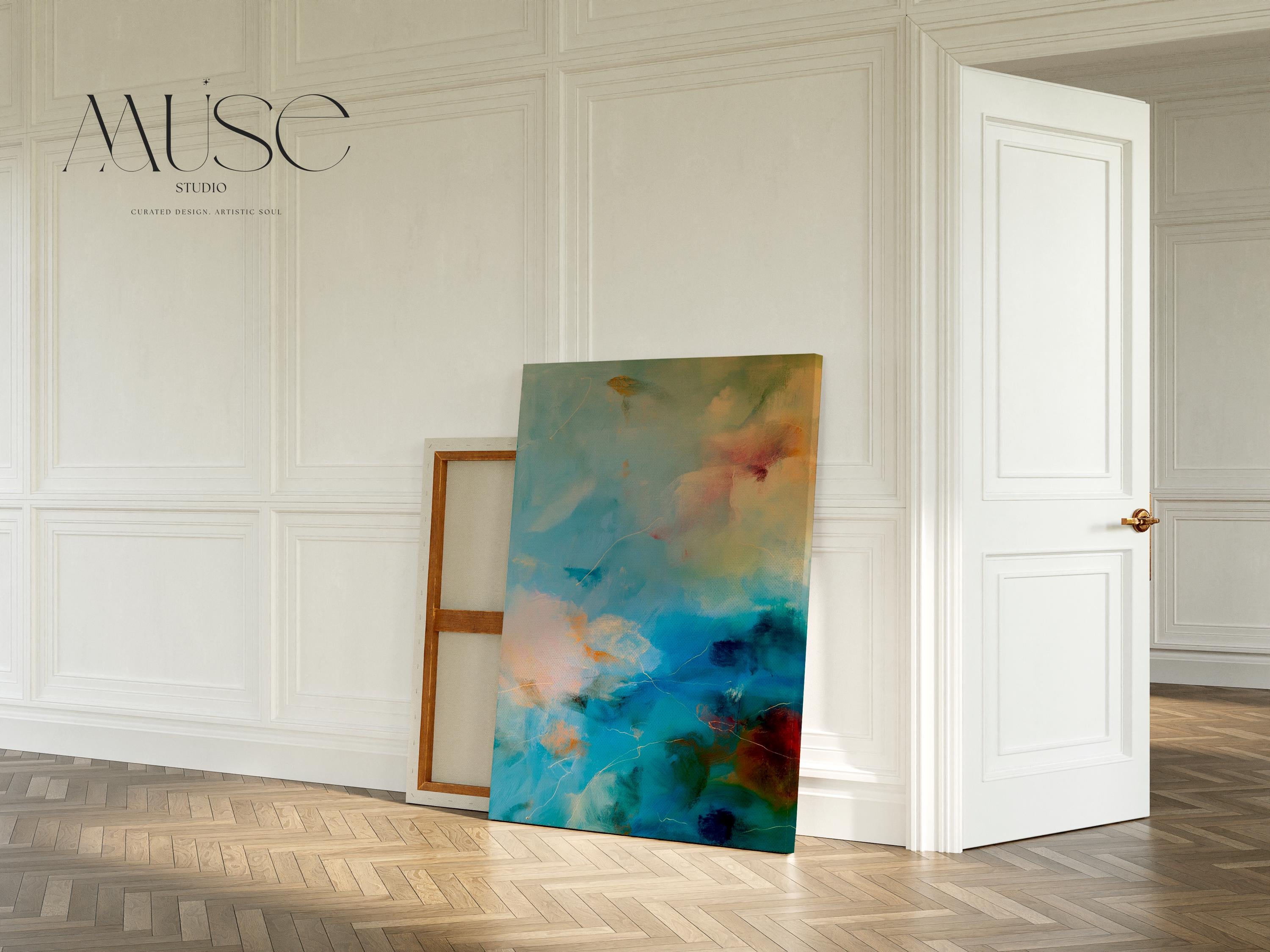 Vertical canvas wall art featuring an abstract design in teal blue, pale cream, soft blush, and warm ochre with hints of plum. This tranquil composition evokes the soothing energy of coastal skies and ocean mist. Perfect for a spa bathroom, entryway, or serene retreat. Complements nature-inspired, warm minimalist, or coastal interiors. Available as a gallery-wrapped stretched canvas, framed canvas, or fine art poster print. Original artwork by Muse Studio.