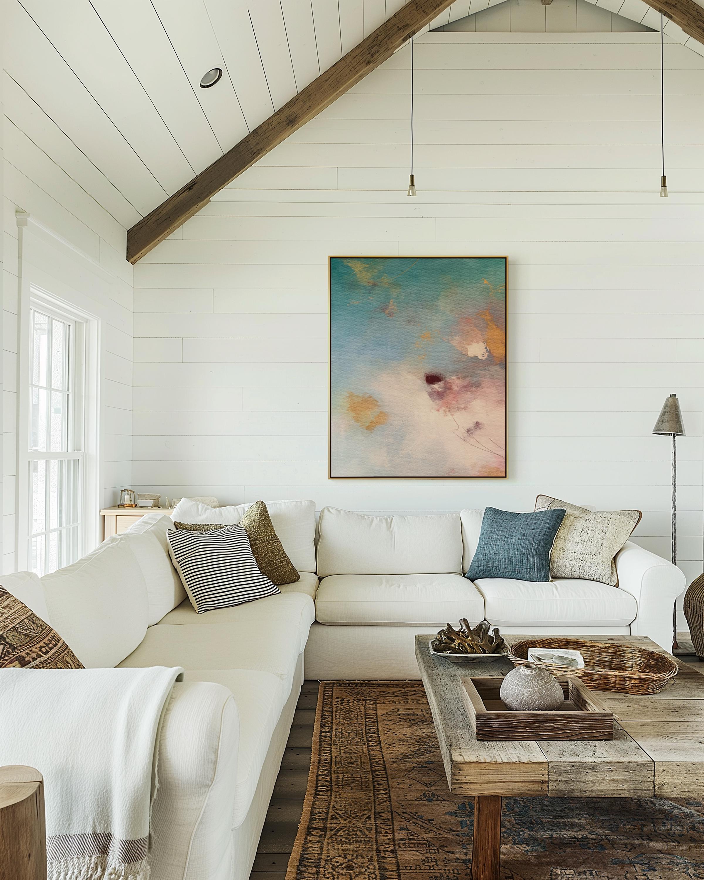 Vertical canvas wall art in soft pastels featuring abstract brushwork in peach pink, sky blue, honey gold, and blush. This gentle and calming piece evokes a sunrise or soft floral bloom, perfect for spa-style bathrooms, feminine bedrooms, or serene entryways. Complements soft contemporary and warm minimalist interiors. Available as a gallery-wrapped stretched canvas, framed canvas, or giclée fine art print. Original artwork by Muse Studio.