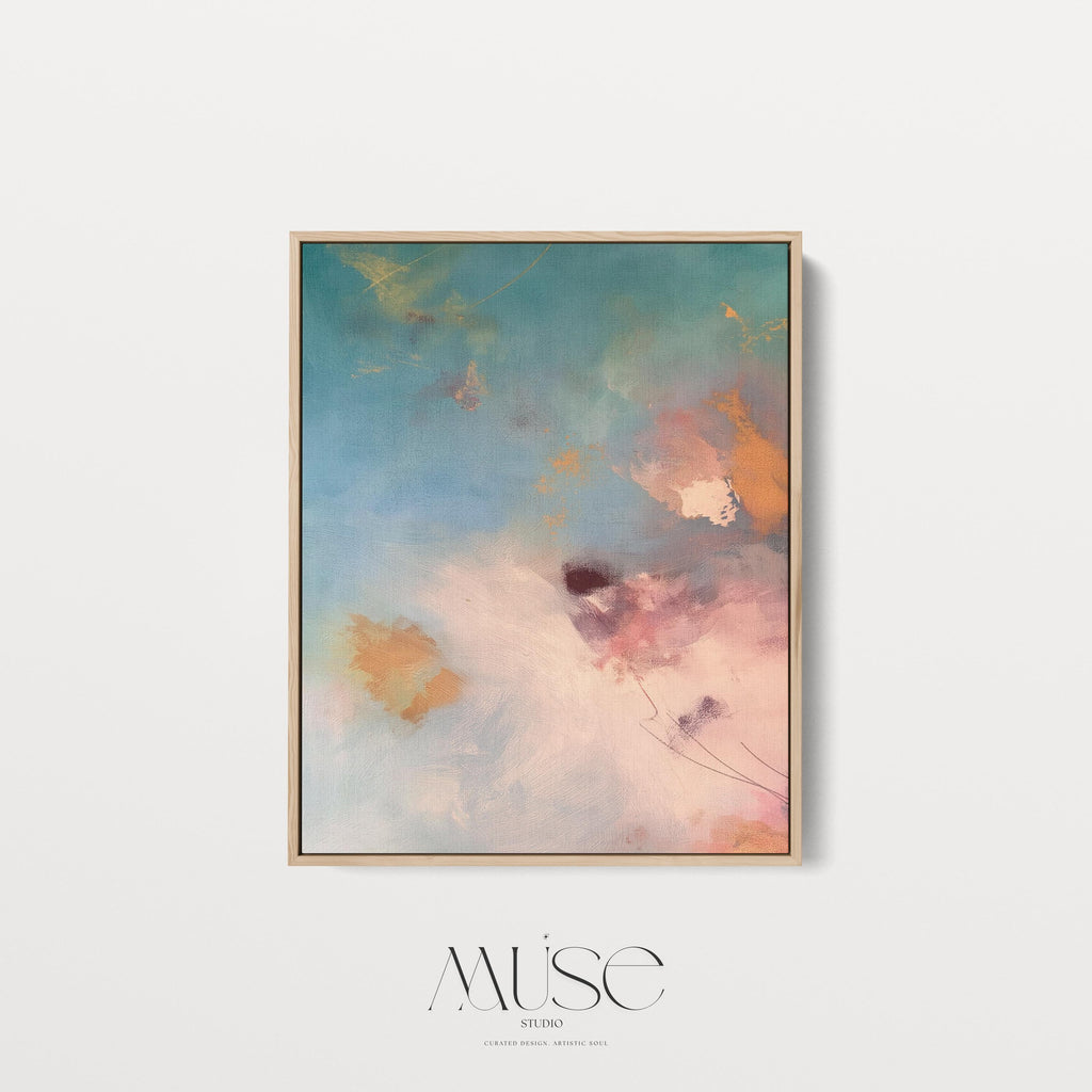 Vertical canvas wall art in soft pastels featuring abstract brushwork in peach pink, sky blue, honey gold, and blush. This gentle and calming piece evokes a sunrise or soft floral bloom, perfect for spa-style bathrooms, feminine bedrooms, or serene entryways. Complements soft contemporary and warm minimalist interiors. Available as a gallery-wrapped stretched canvas, framed canvas, or giclée fine art print. Original artwork by Muse Studio.