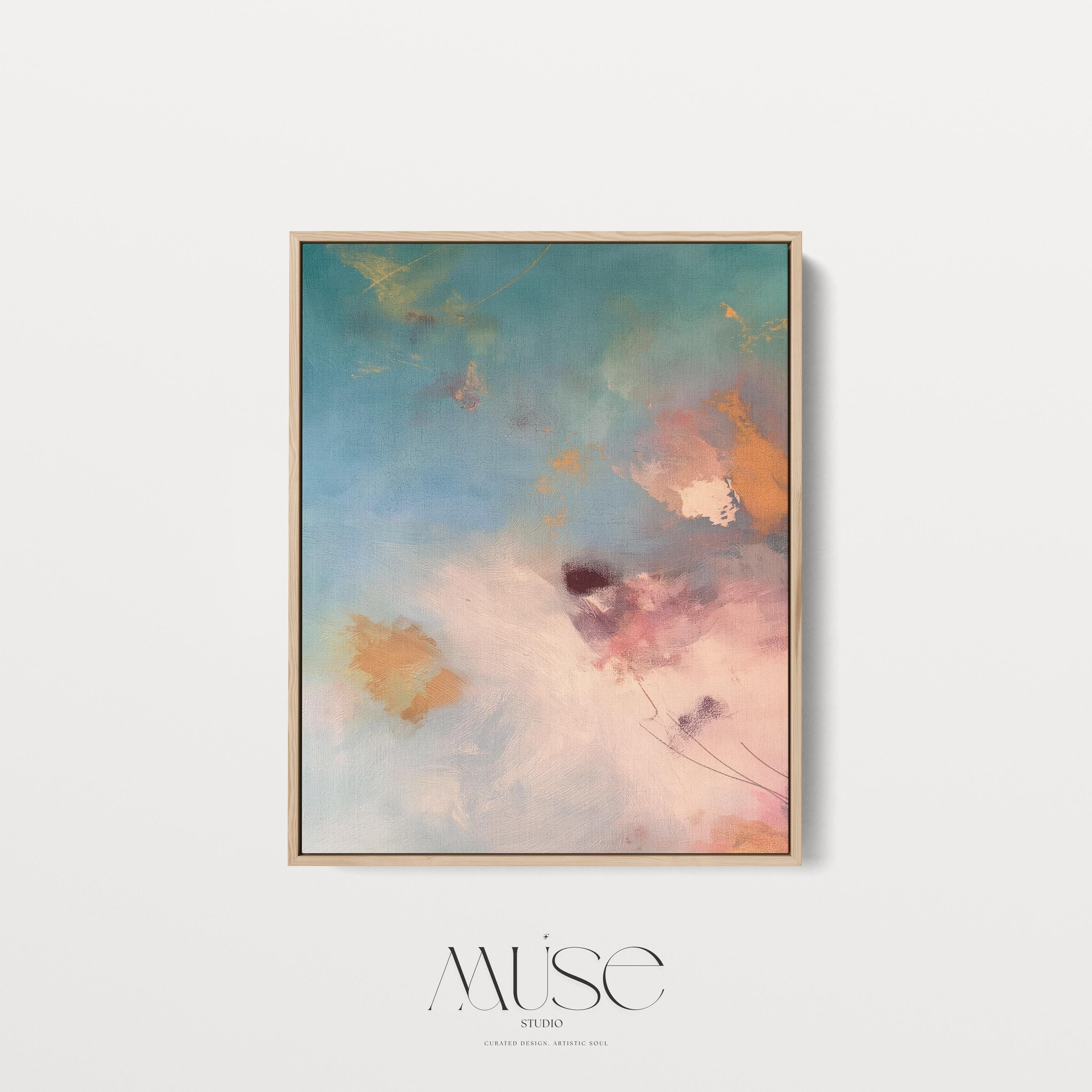 Vertical canvas wall art in soft pastels featuring abstract brushwork in peach pink, sky blue, honey gold, and blush. This gentle and calming piece evokes a sunrise or soft floral bloom, perfect for spa-style bathrooms, feminine bedrooms, or serene entryways. Complements soft contemporary and warm minimalist interiors. Available as a gallery-wrapped stretched canvas, framed canvas, or giclée fine art print. Original artwork by Muse Studio.
