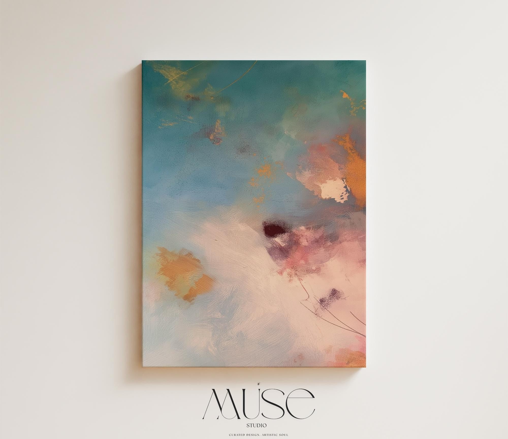 Large vertical canvas wall art featuring abstract brushwork in blush peach, teal, rose pink, and soft amber tones. Designed for serene interiors like bedrooms, spa rooms, and transitional living spaces. This oversized canvas adds elegant softness and calming energy to designer-curated spaces. Available as a gallery-wrapped canvas or premium floating frame. Original wall art by Muse Studio for warm, spa-inspired decor.
