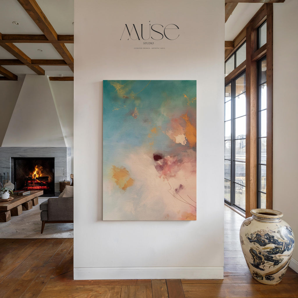 Large vertical canvas wall art featuring abstract brushwork in blush peach, teal, rose pink, and soft amber tones. Designed for serene interiors like bedrooms, spa rooms, and transitional living spaces. This oversized canvas adds elegant softness and calming energy to designer-curated spaces. Available as a gallery-wrapped canvas or premium floating frame. Original wall art by Muse Studio for warm, spa-inspired decor.