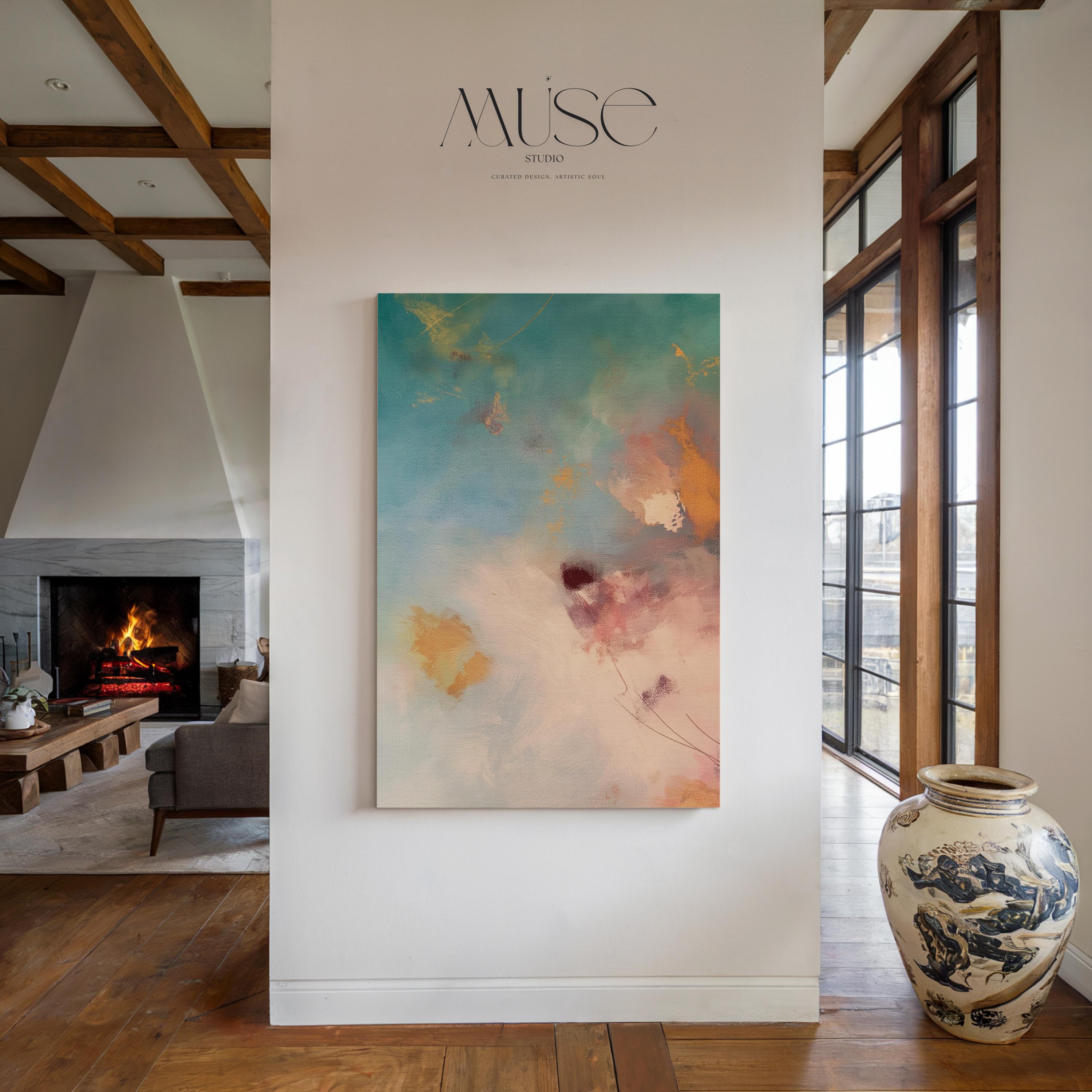 Large vertical canvas wall art featuring abstract brushwork in blush peach, teal, rose pink, and soft amber tones. Designed for serene interiors like bedrooms, spa rooms, and transitional living spaces. This oversized canvas adds elegant softness and calming energy to designer-curated spaces. Available as a gallery-wrapped canvas or premium floating frame. Original wall art by Muse Studio for warm, spa-inspired decor.
