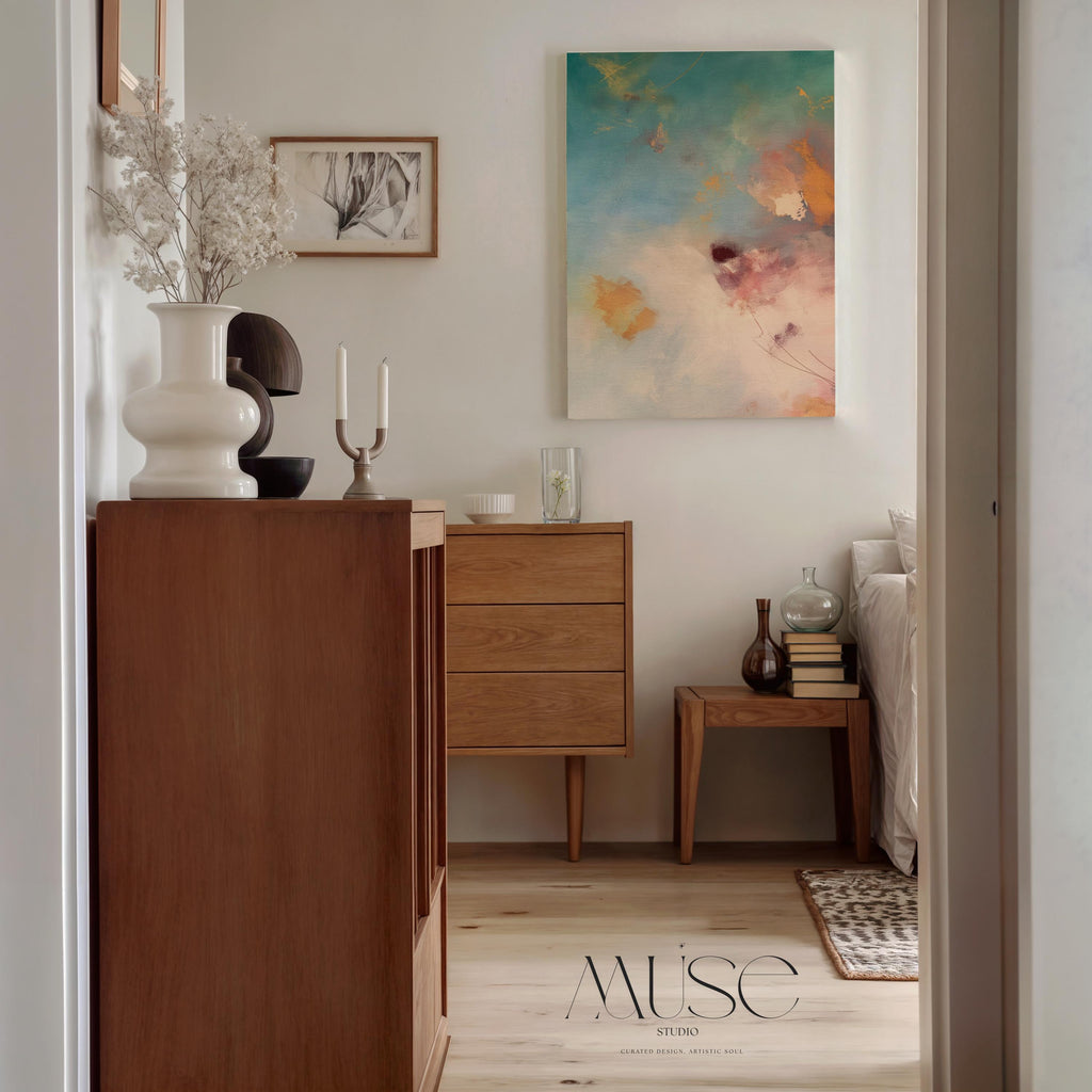 Large vertical canvas wall art featuring abstract brushwork in blush peach, teal, rose pink, and soft amber tones. Designed for serene interiors like bedrooms, spa rooms, and transitional living spaces. This oversized canvas adds elegant softness and calming energy to designer-curated spaces. Available as a gallery-wrapped canvas or premium floating frame. Original wall art by Muse Studio for warm, spa-inspired decor.