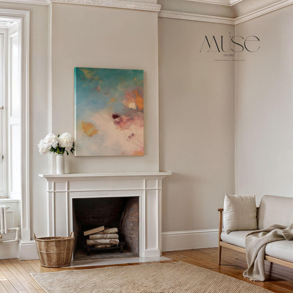 Large vertical canvas wall art featuring abstract brushwork in blush peach, teal, rose pink, and soft amber tones. Designed for serene interiors like bedrooms, spa rooms, and transitional living spaces. This oversized canvas adds elegant softness and calming energy to designer-curated spaces. Available as a gallery-wrapped canvas or premium floating frame. Original wall art by Muse Studio for warm, spa-inspired decor.