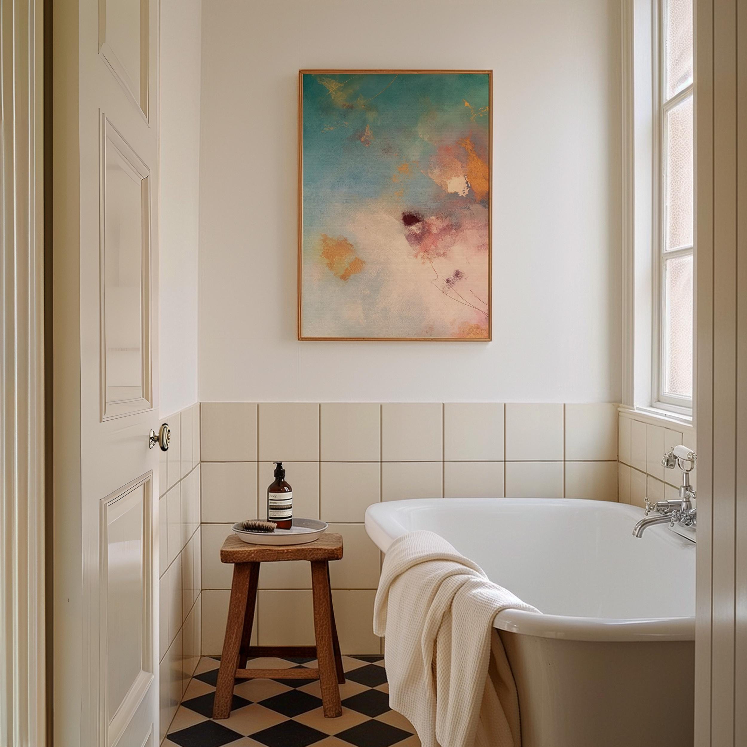 Vertical canvas wall art in soft pastels featuring abstract brushwork in peach pink, sky blue, honey gold, and blush. This gentle and calming piece evokes a sunrise or soft floral bloom, perfect for spa-style bathrooms, feminine bedrooms, or serene entryways. Complements soft contemporary and warm minimalist interiors. Available as a gallery-wrapped stretched canvas, framed canvas, or giclée fine art print. Original artwork by Muse Studio.