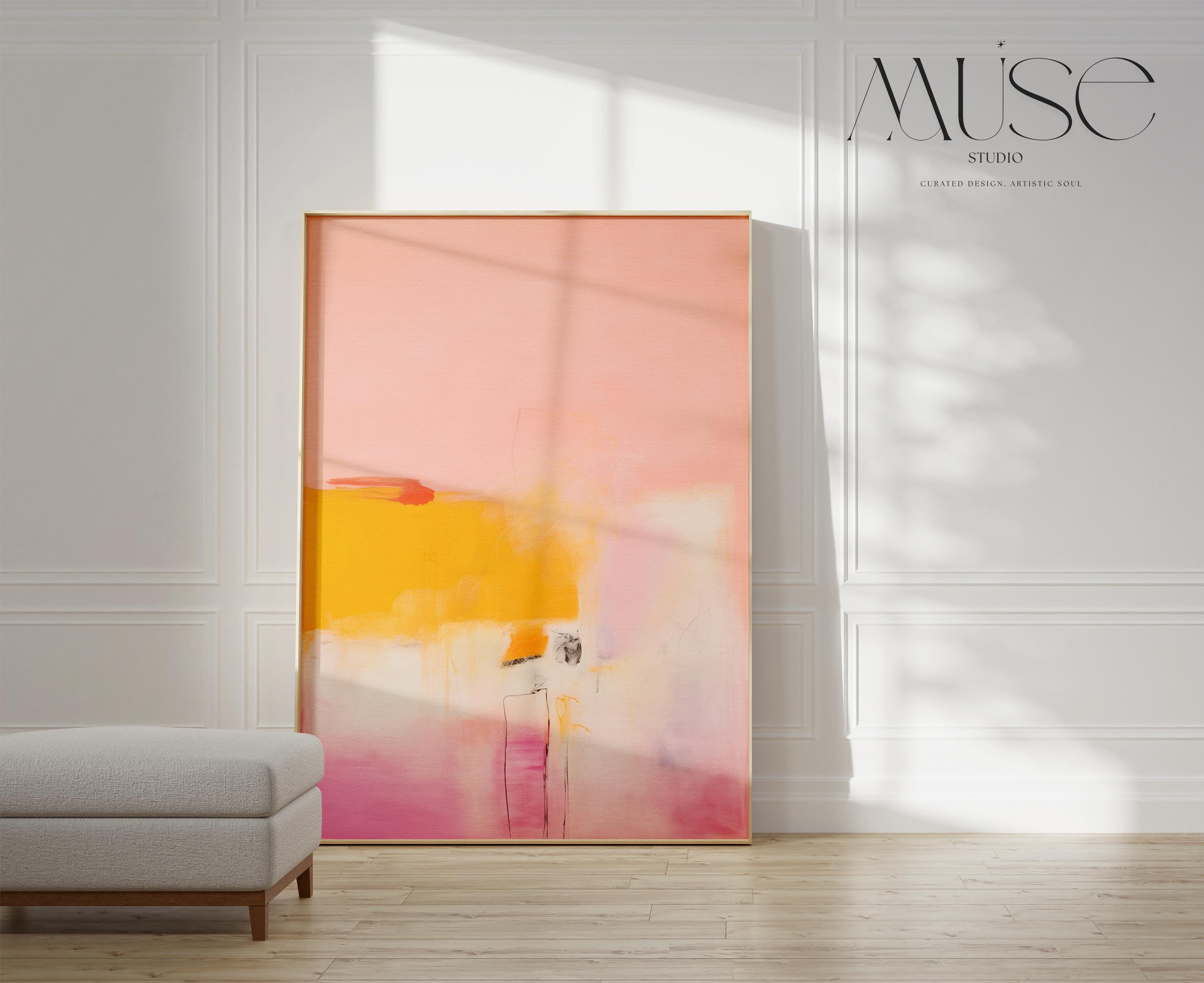 Large giclée art print featuring a bold abstract composition in warm pink, yellow, and soft ivory tones. Printed on fine cotton rag paper or archival rolled canvas, ideal for custom framing. This modern poster-style artwork brings joyful minimalism and soft contemporary elegance to entryways, offices, or creative interiors. Designed by Muse Studio for designer-focused decor in bright, transitional spaces.